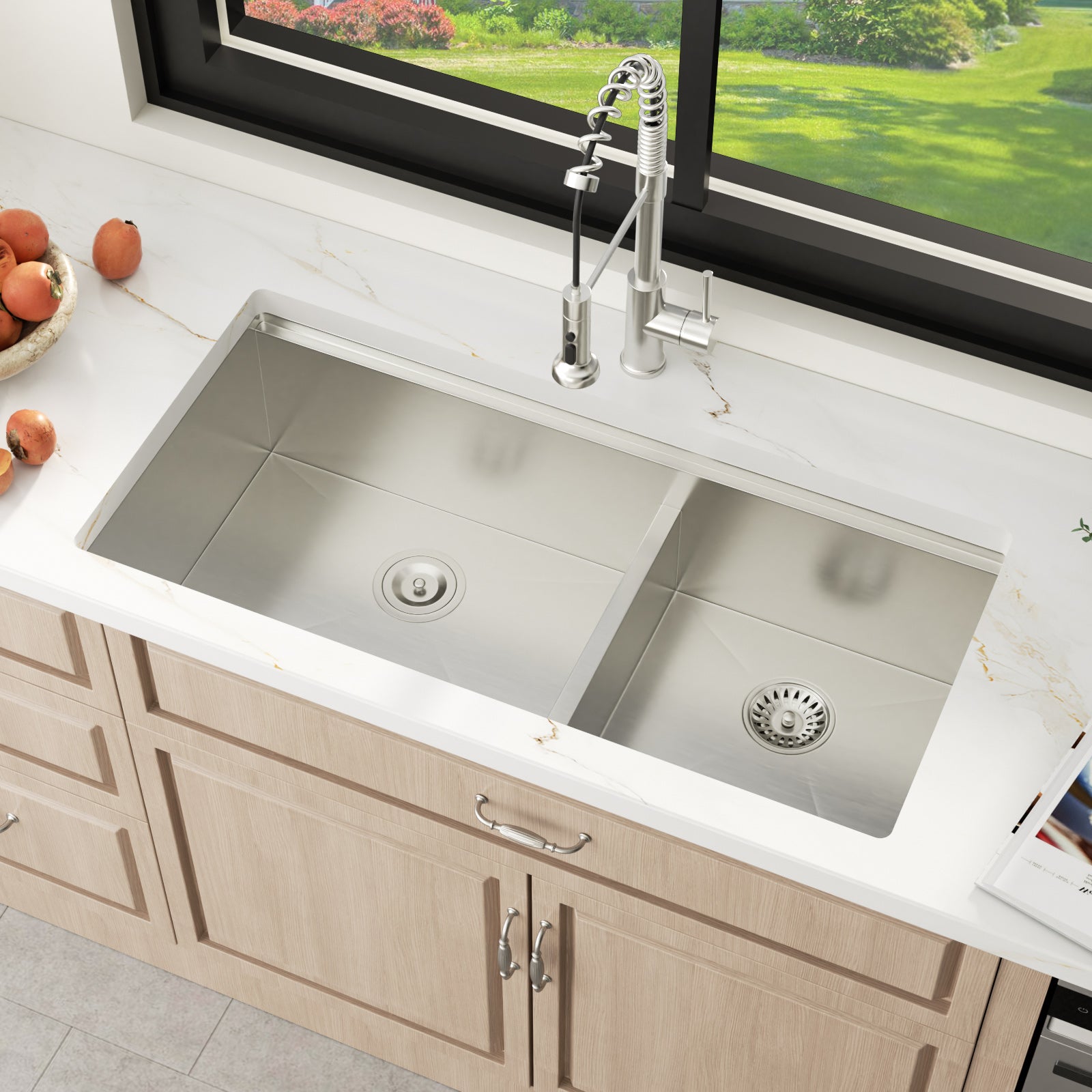 Sarlai 39'' Low Divider Undermount Kitchen Sink - 16G Stainless Steel 60/40 Double Basin Workstation with Salad Prep Bowls
