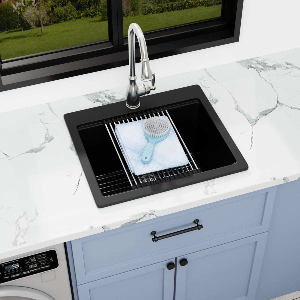Sarlai 23''x20''Drop-In Quartz Laundry Sink Black Granite Composite Utility Workstation Sink
