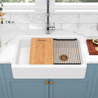 Sarlai 33" Quartz Composite Apron Front Workstation Kitchen Sink, Single Bowl Farmhouse Sink with Gold Drain, Roll-Up Rack & Cutting Board