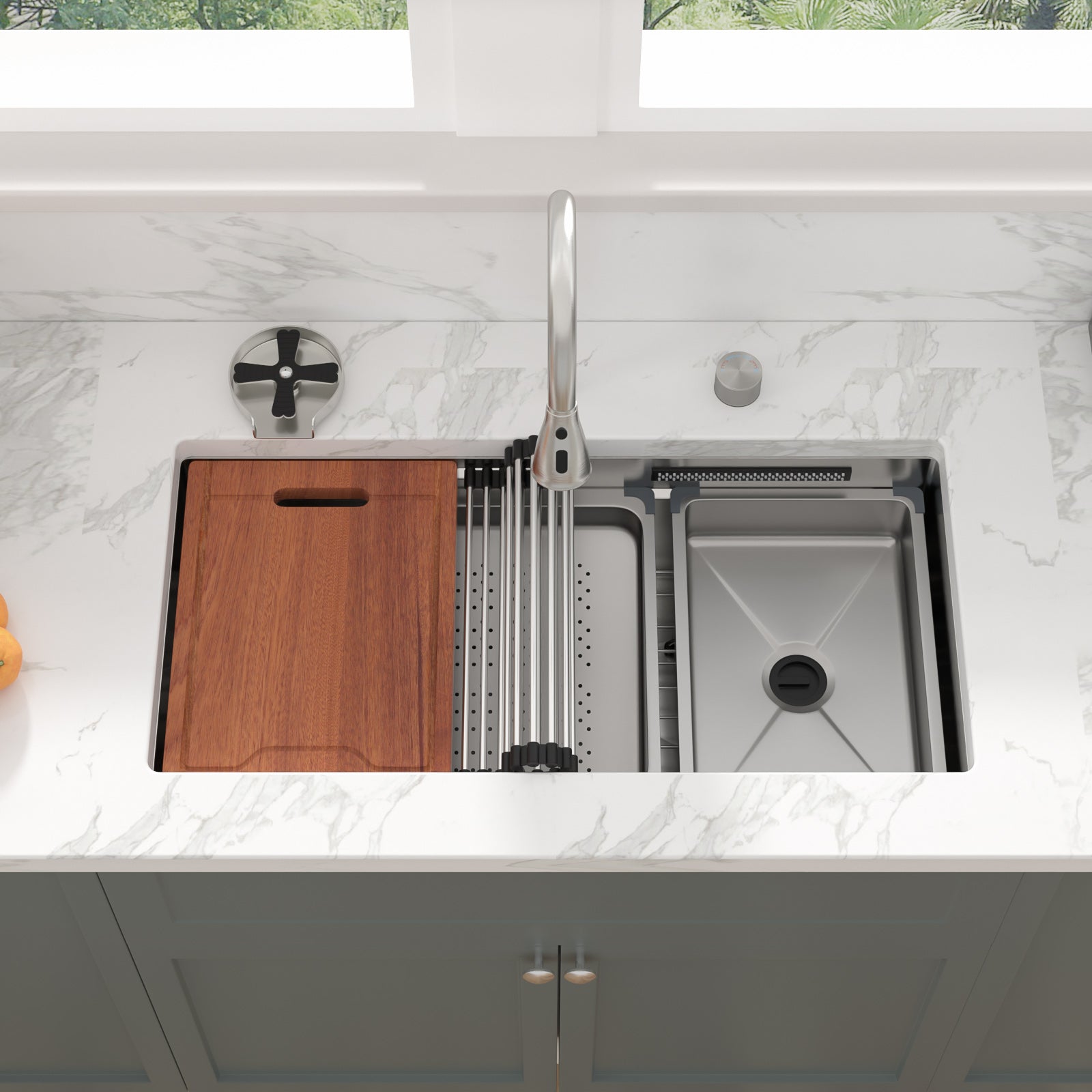 Sarlai 33'' Waterfall Undermount Workstation Sink - 16 Gauge Stainless Steel Single Bowl with Pull-Down Faucet
