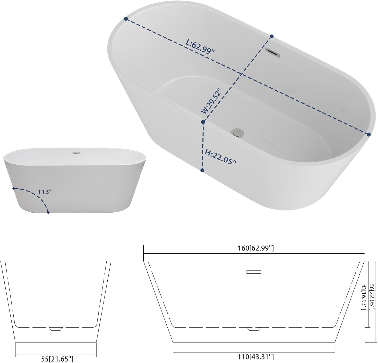 Sarlai Modern Oval White Acrylic Freestanding Bathtub