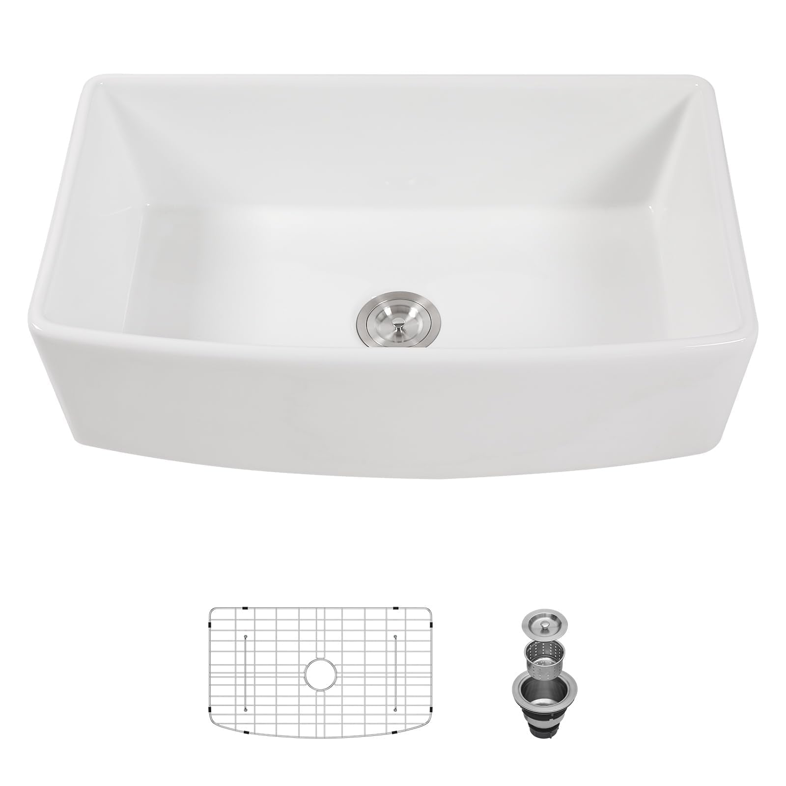 Sarlai 33''x19'' Curved Apron Front White Vitreous Fireclay Farmhouse Sink, Single Bowl Porcelain Ceramic Farm Kitchen Basin Main image