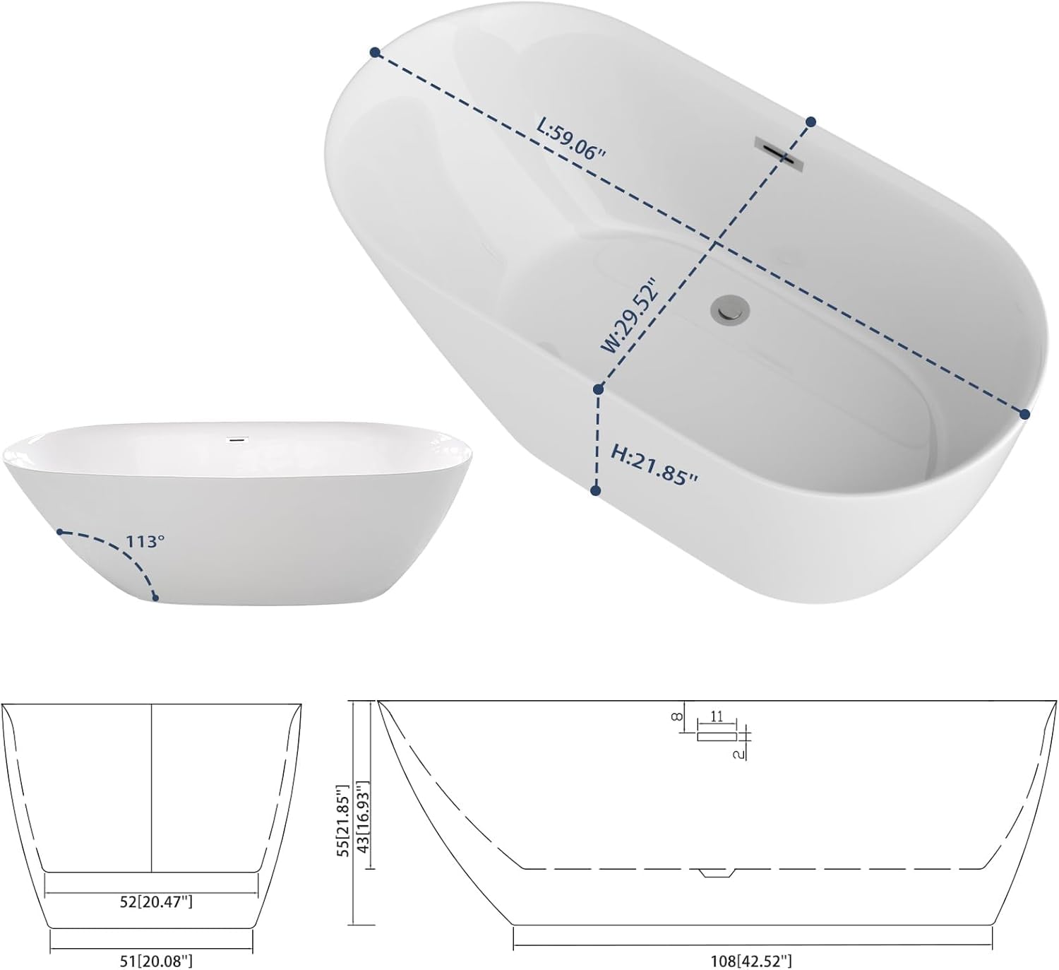 Sarlai Modern Slipper Shape White Acrylic Freestanding Bathtub