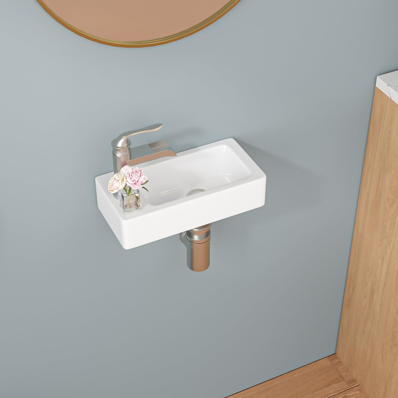 Sarlai 15''x7'' Floating Wall Hang White Porcelain Ceramic Bathroom Vessel Sink-Left Hand