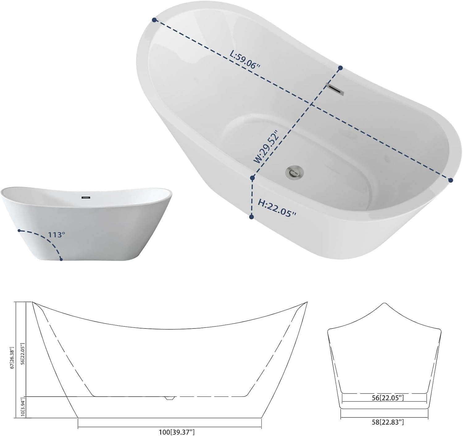 Sarlai Modern Dual-Back White Acrylic Freestanding Bathtub