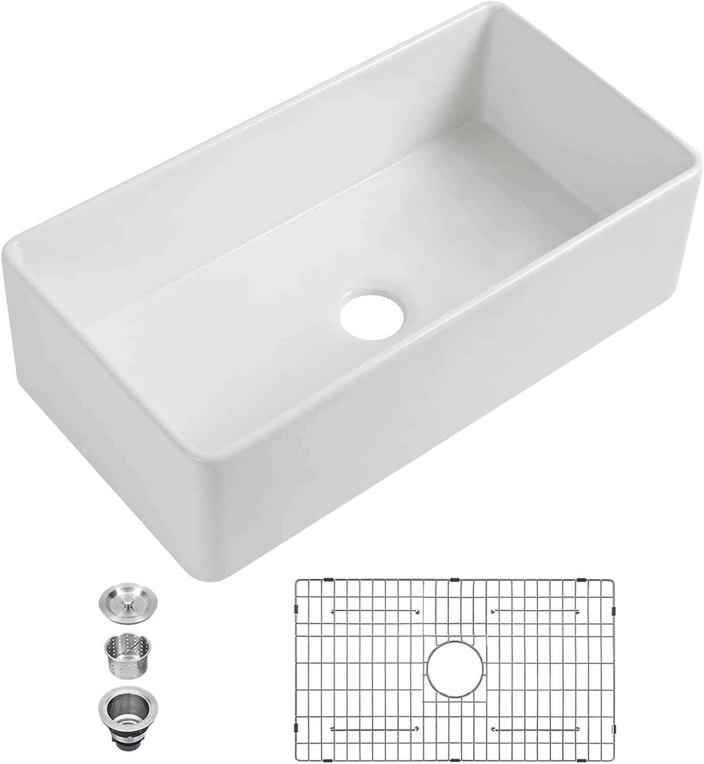 Sarlai 36''x20'' Reversible Apron Front White Fireclay Farmhouse Sink, Single Bowl Vitreous Porcelain Farm Kitchen Basin