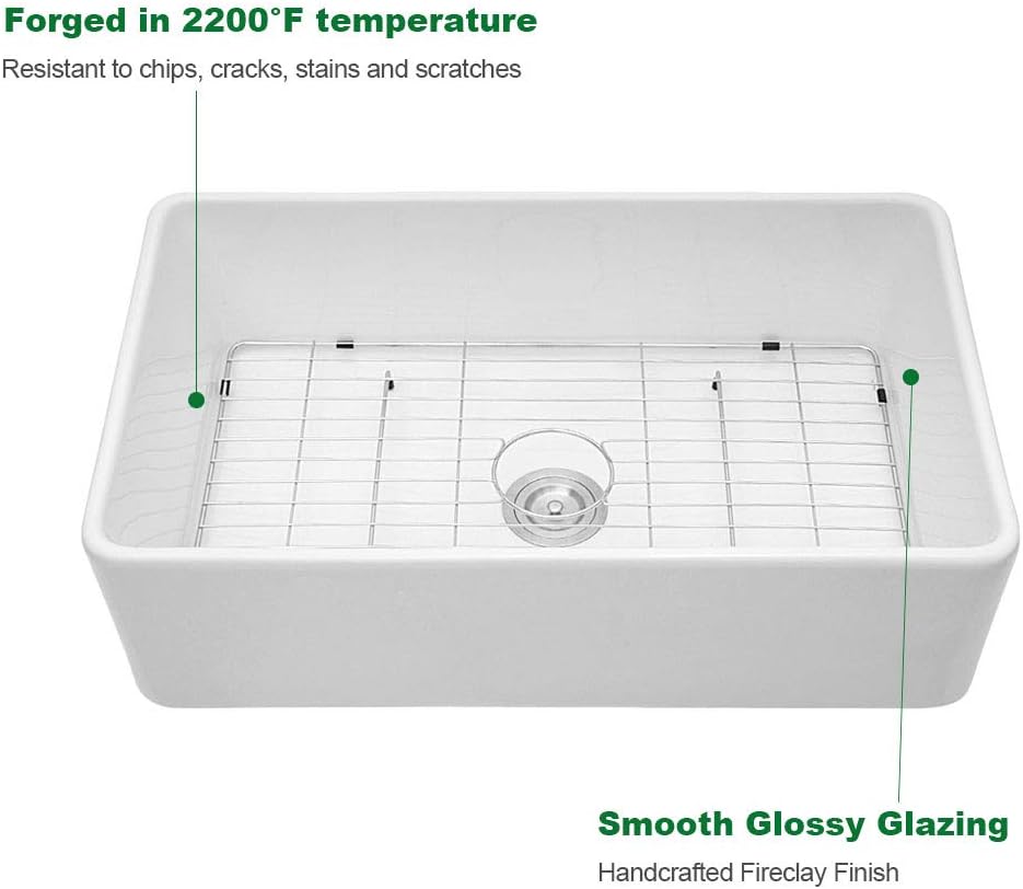 Sarlai 33'' White Apron Front Single Bowl Ceramic Porcelain Fireclay Farmhouse Kitchen Sink