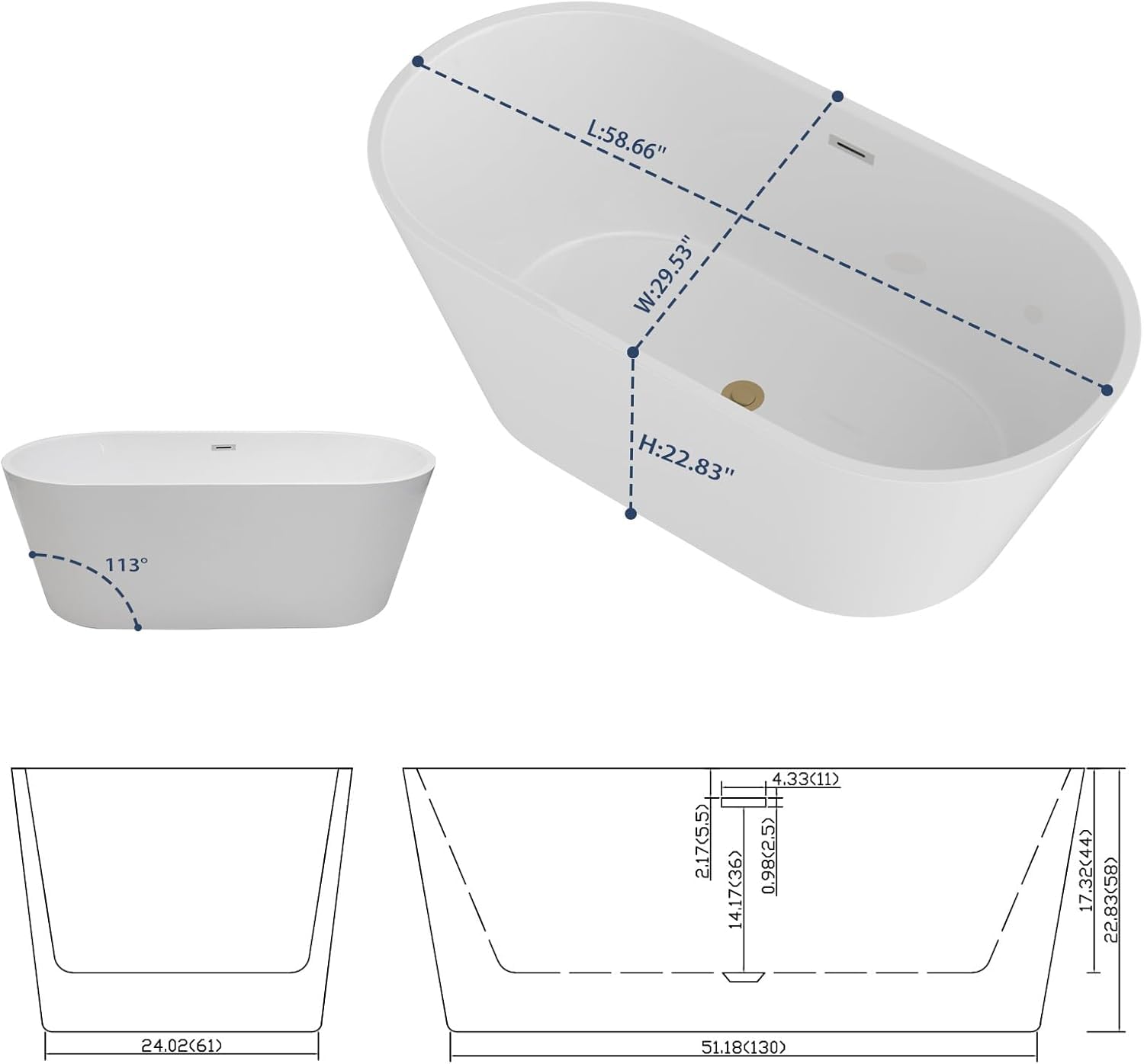 Sarlai Modern Oval White Acrylic Freestanding Bathtub with Black Drain