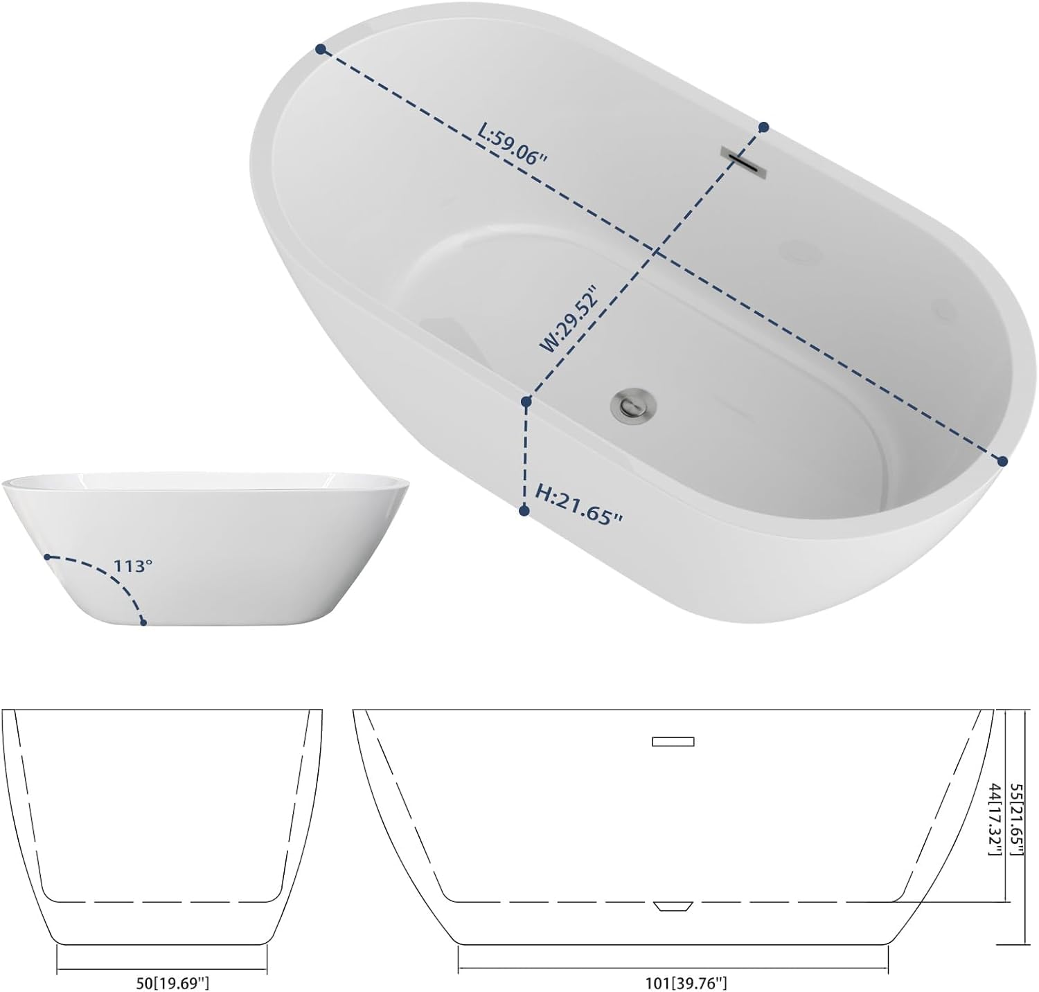 Sarlai Modern Oval White Acrylic Freestanding Bathtub with Chrome Drain and Overflow