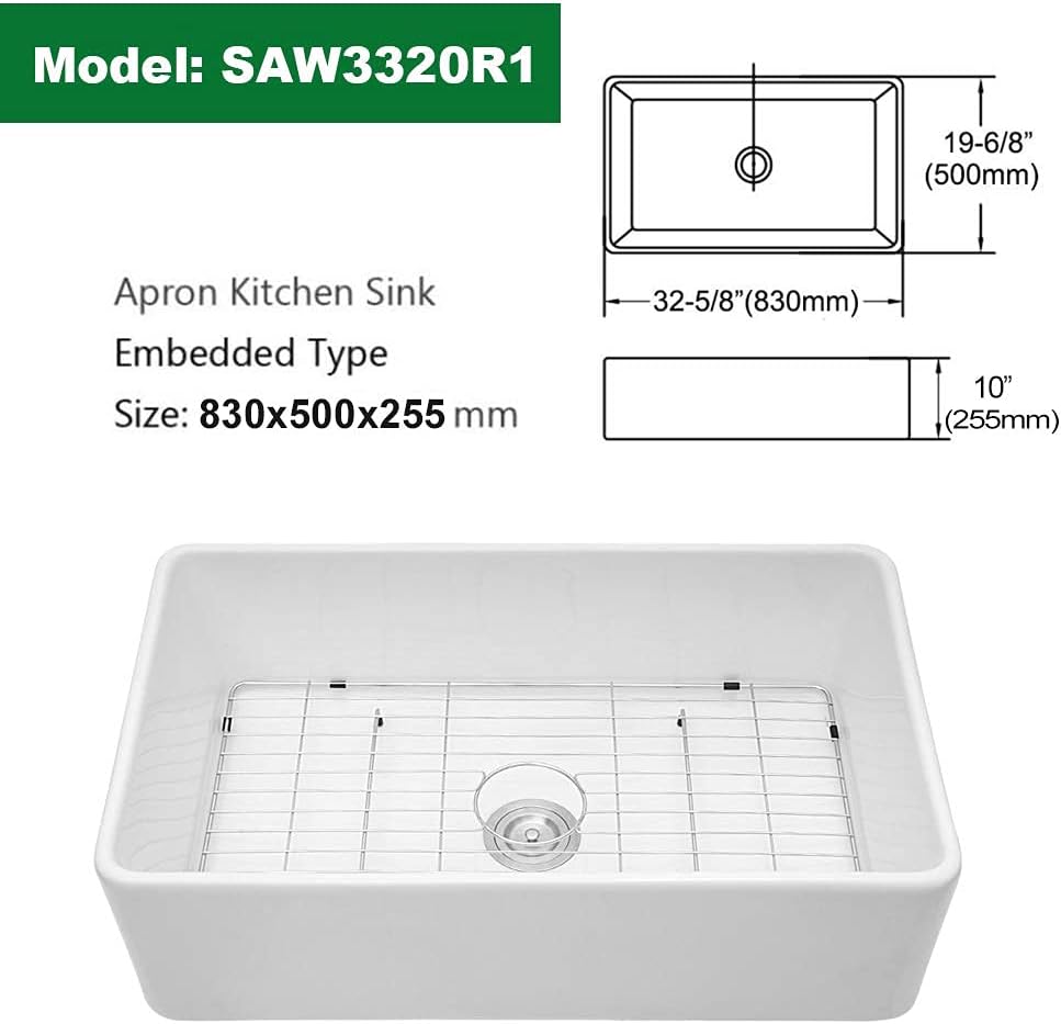 Sarlai 33'' White Apron Front Single Bowl Ceramic Porcelain Fireclay Farmhouse Kitchen Sink