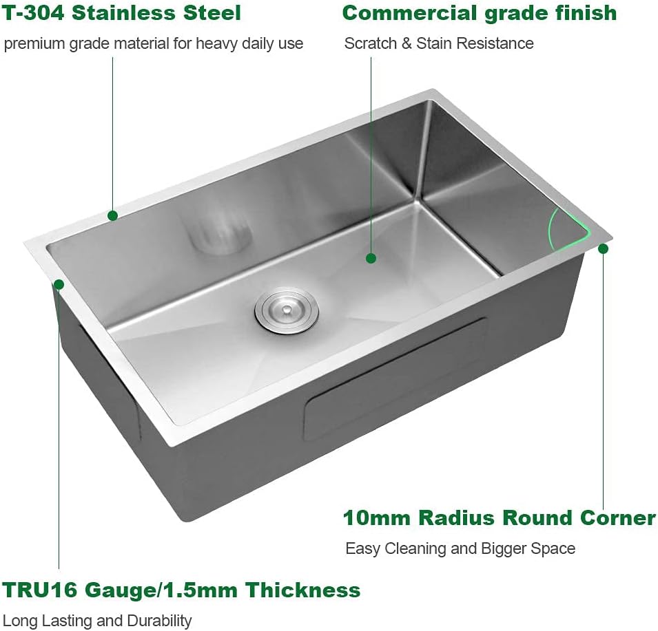 33 Undermount Kitchen Sink - Sarlai 33x19 Inch Kitchen Sink Undermount Single Bowl Stainless Steel 16 Gauge Under Counter Sink Basin