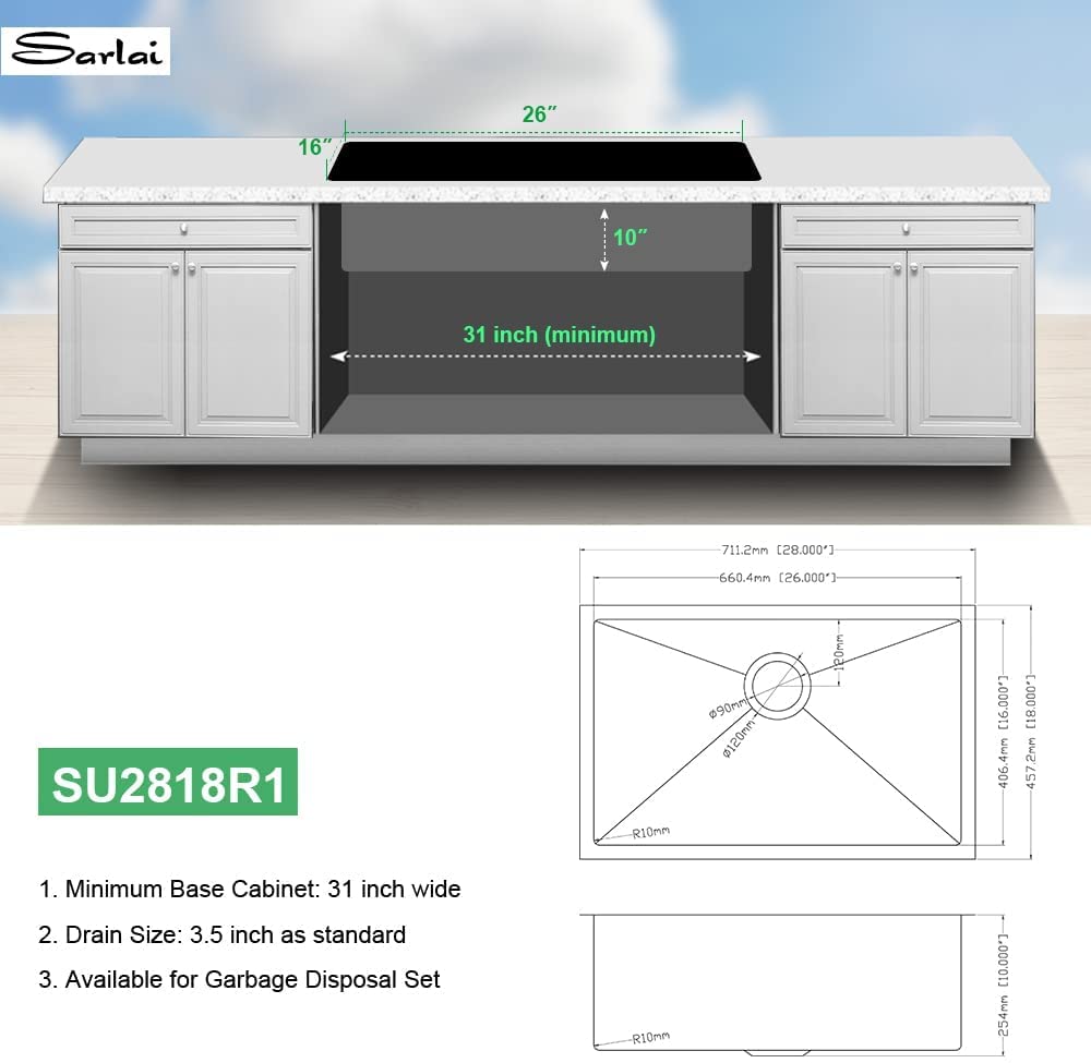 Sarlai 28in Undermount Gunmetal Black Single Bowl Stainless Steel Kitchen Sink
