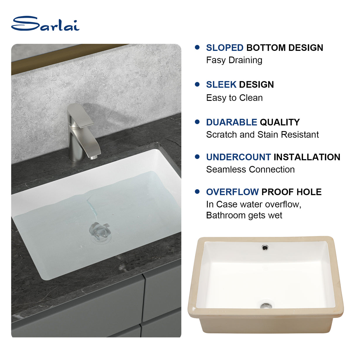 Sarlai 22''Rectangular White Porcelain Undermount Bathroom Sink
