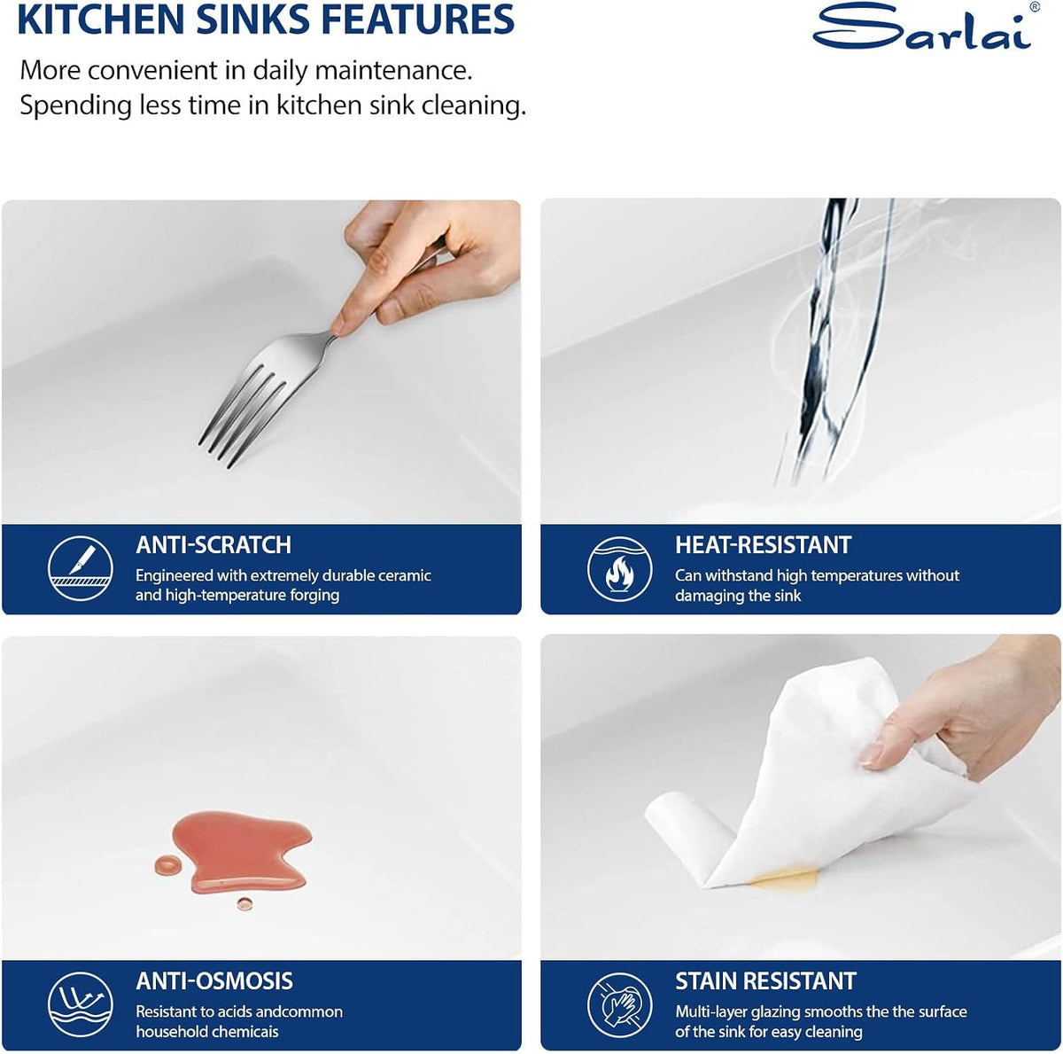 Sarlai 33 Inch White Curved Apron Fireclay Workstation Farmhouse Kitchen Sink with Gold Fixtures