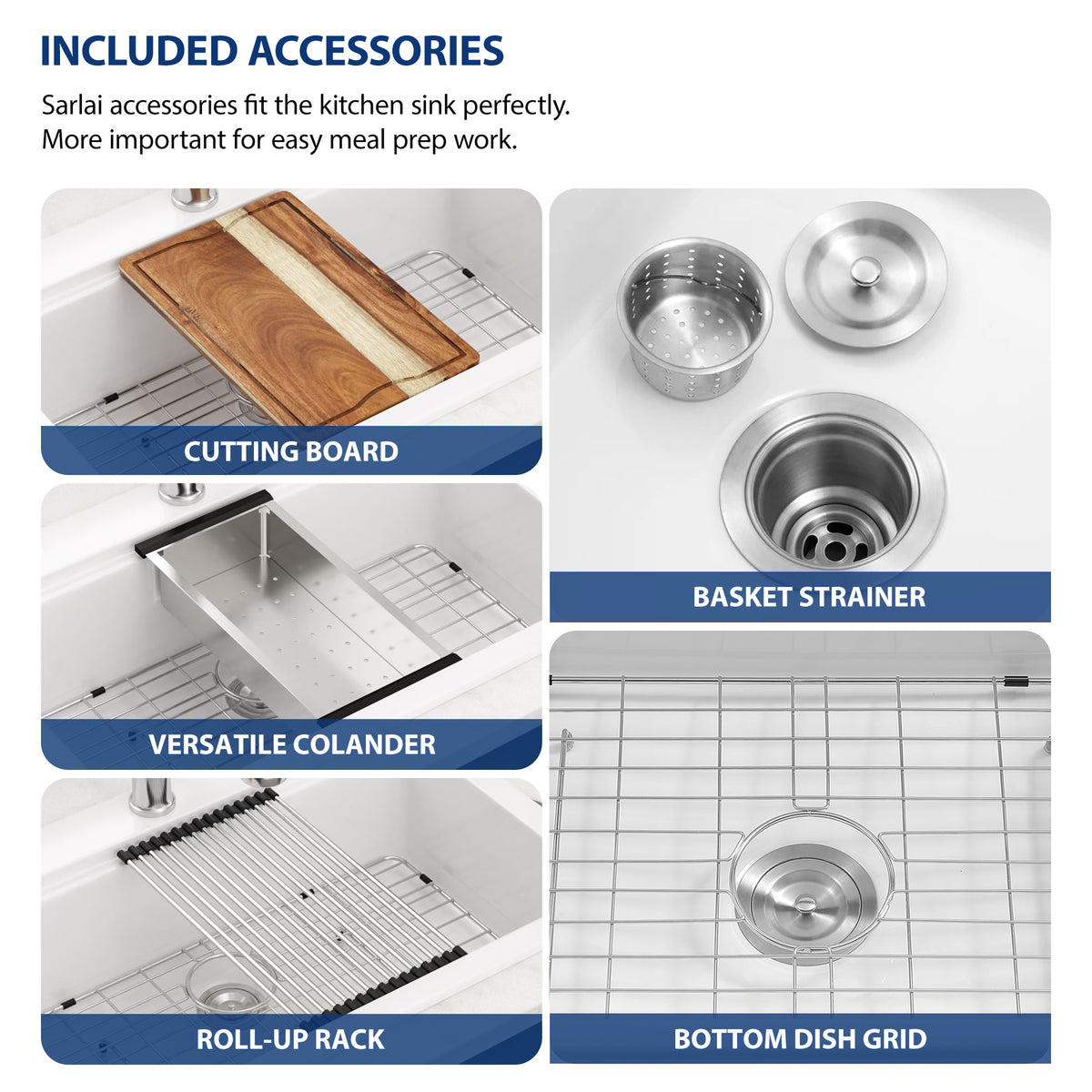 Sarlai 33'' White Ceramic Topmount Workstation Sink Brushed Accessories & Acacia Wood Cutting Board