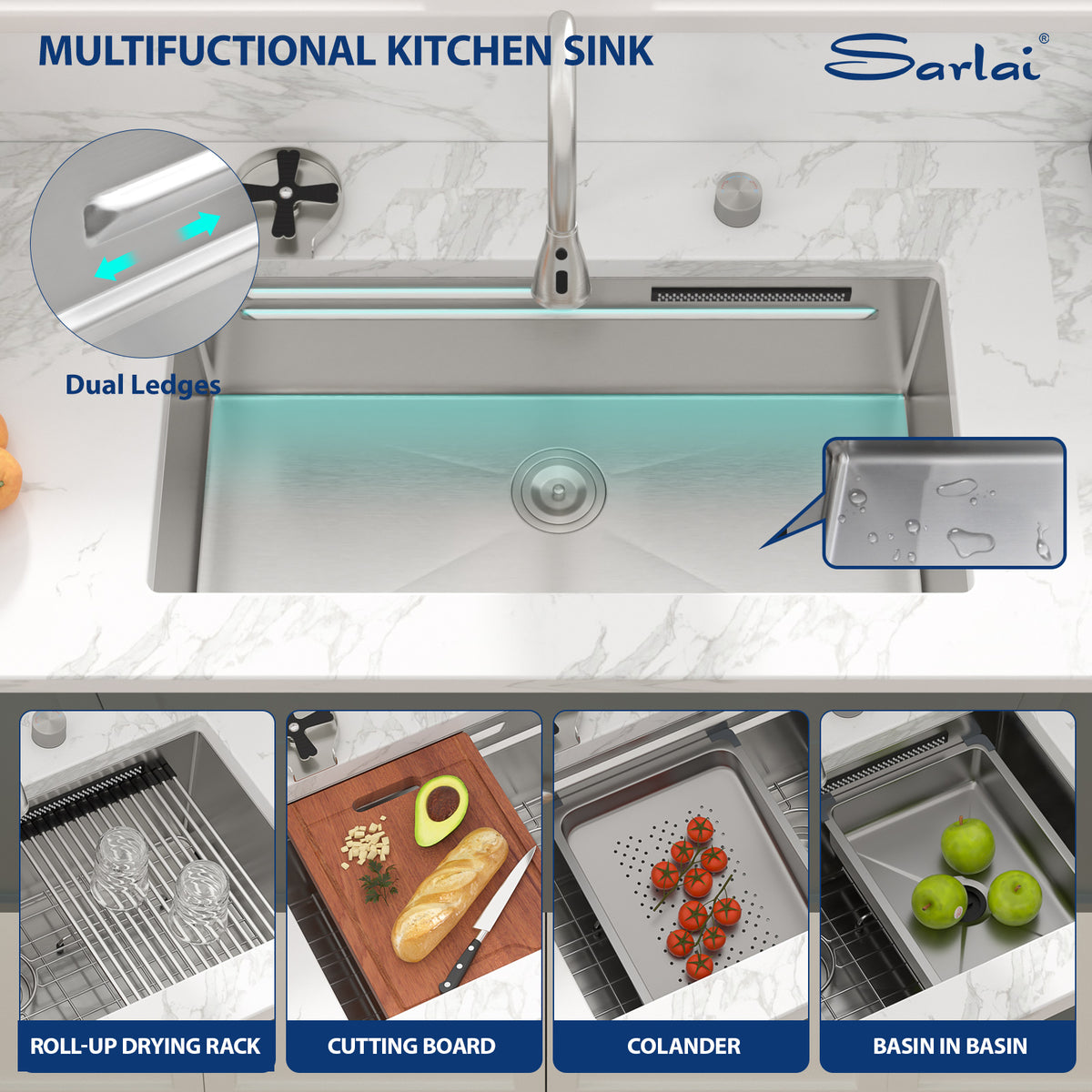 Sarlai 33'' Waterfall Undermount Workstation Sink - 16 Gauge Stainless Steel Single Bowl with Pull-Down Faucet