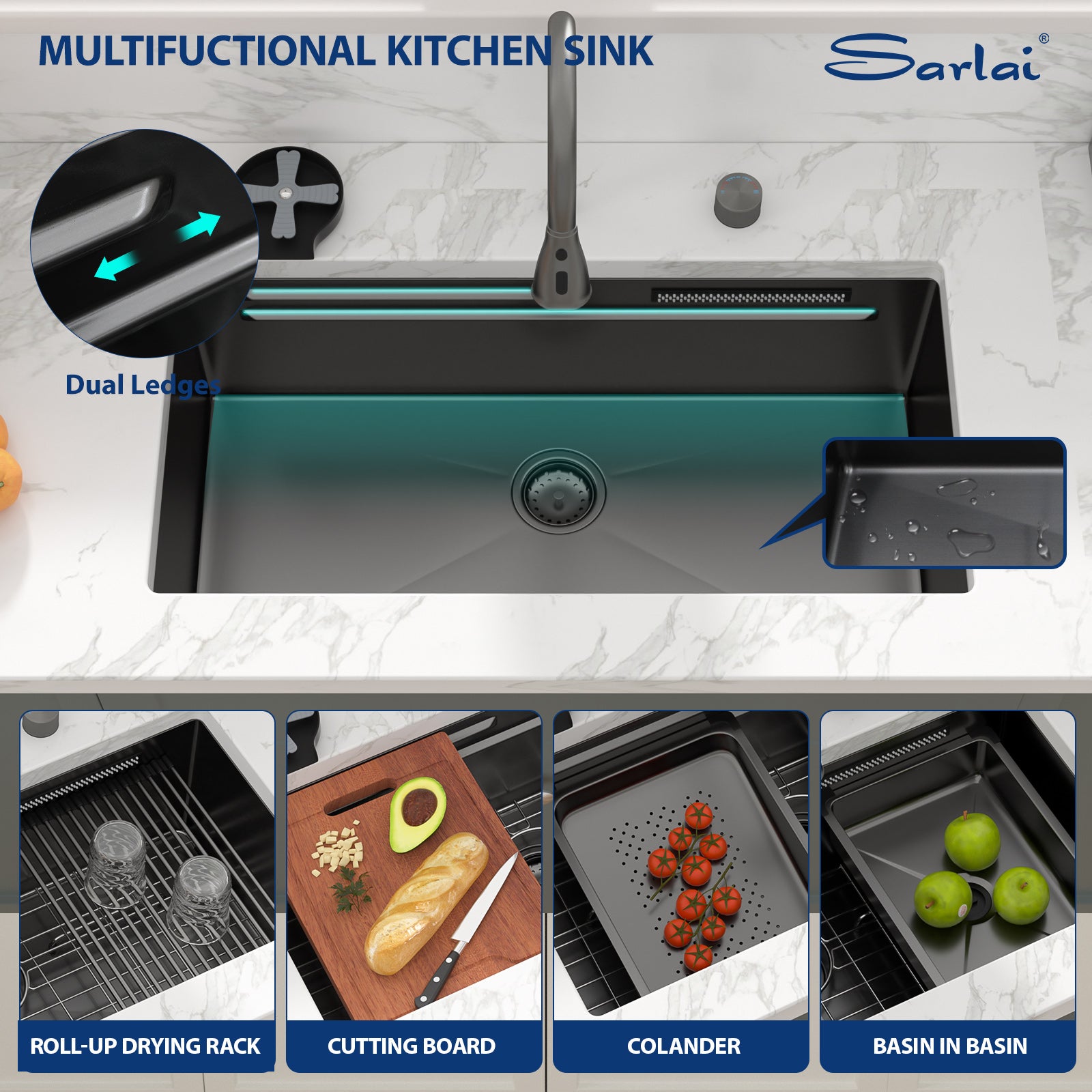 Sarlai 33‘’ Gunmetal Black Waterfall Workstation Sink - 16 Gauge Undermount Single Bowl with Pull-Down Faucet