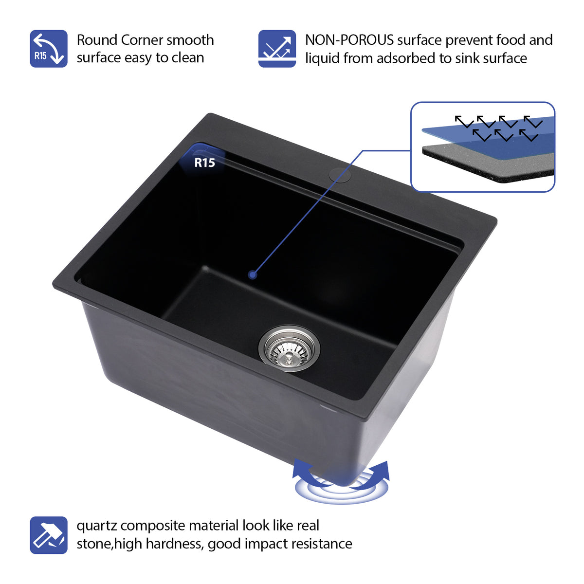 Sarlai 23''x20''Drop-In Quartz Laundry Sink Black Granite Composite Utility Workstation Sink