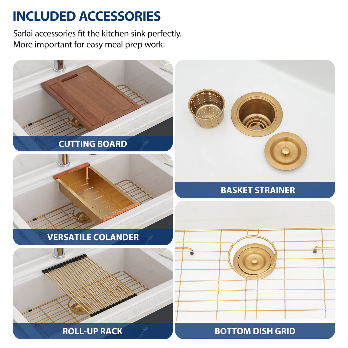 Sarlai 33''x22'' White Ceramic Topmount Workstation Sink With Gold Accessories & Wood Cutting Board