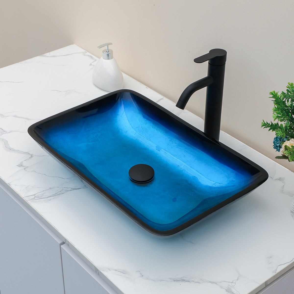 Sarlai 22''x14'' Rectangular Blue Tempered Glass Bathroom Vessel Sink with Black Pop Up Drain