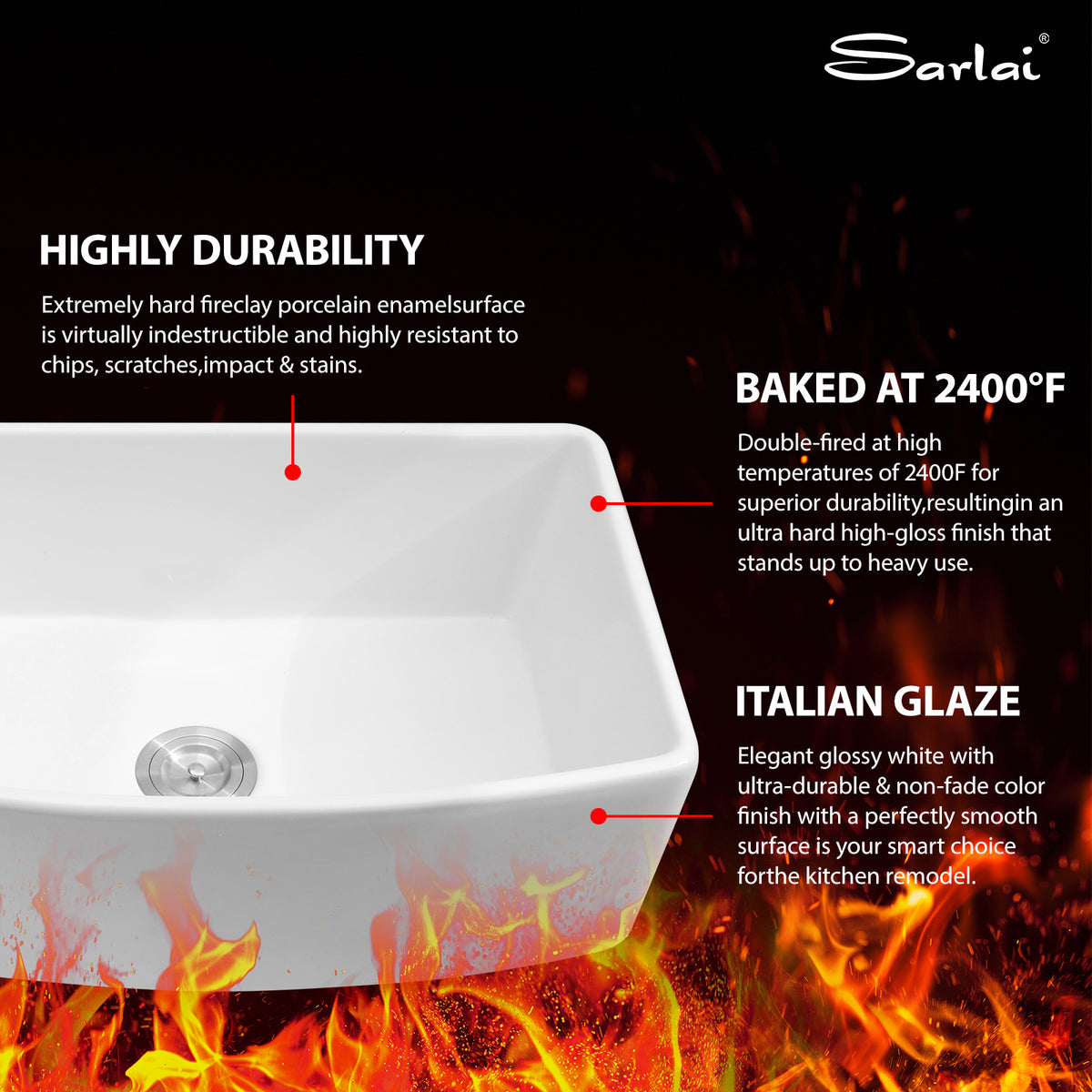Sarlai 30''x19'' White Curved Apron Front Fireclay Farmhouse Kitchen Sink Single Bowl Porcelain Ceramic Farm Kitchen Basin