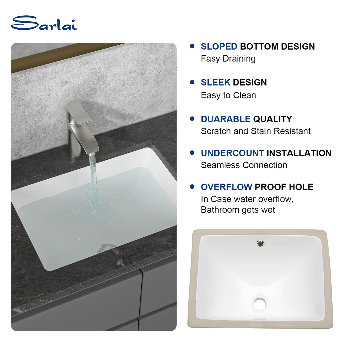 Sarlai 20''x15'' Rectangular White Porcelain Undermount Bathroom Sink