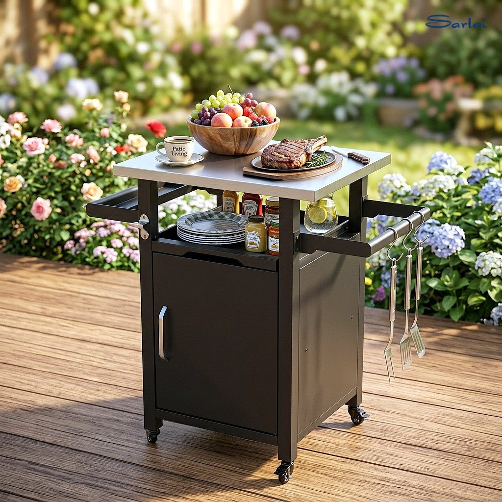 Sarlai Outdoor Prep Cart with Stainless Steel Top & Sliding Tray, Compact Single Door Grill Cart with Side Racks & Waterproof Cover