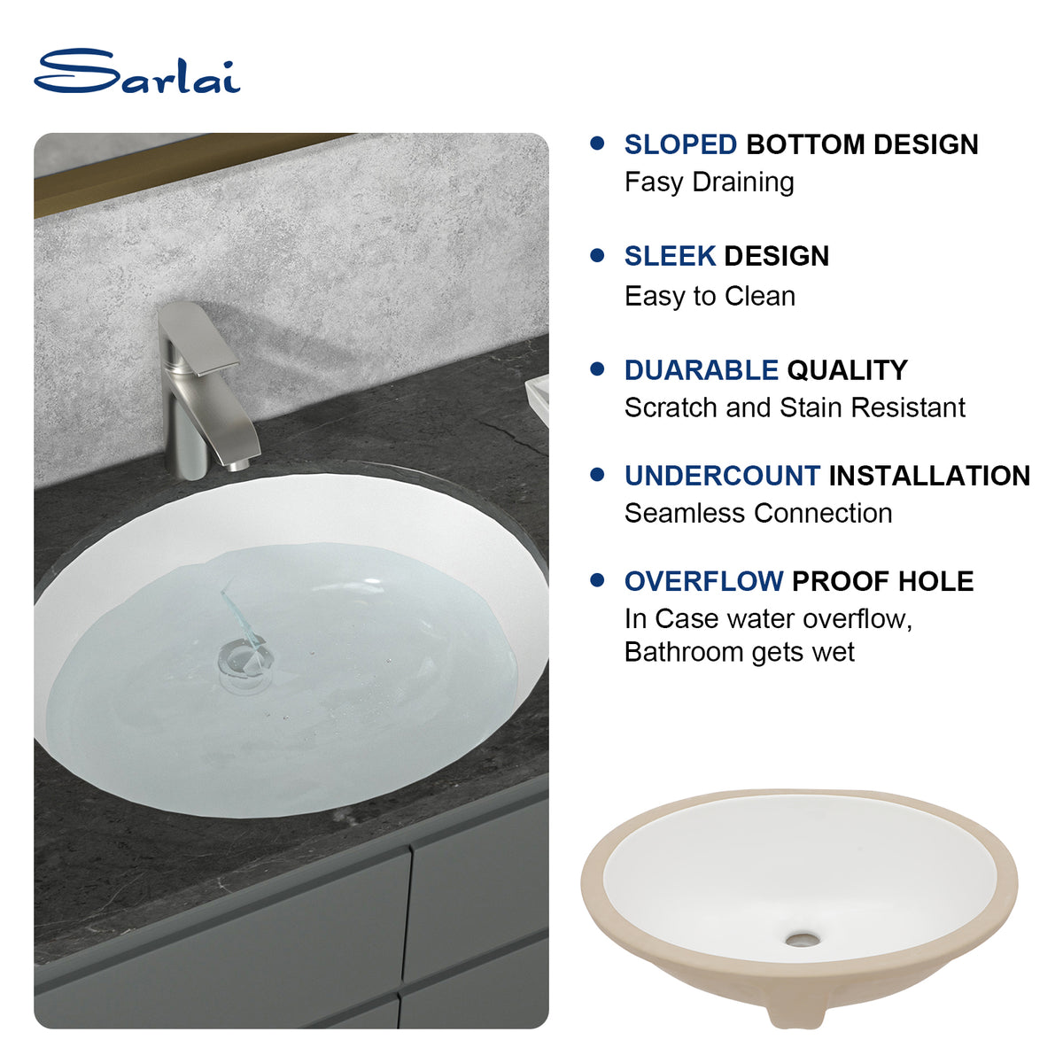 Sarlai 19''x16''Oval Undermount Bathroom Sink White Ceramic Sink With Overflow