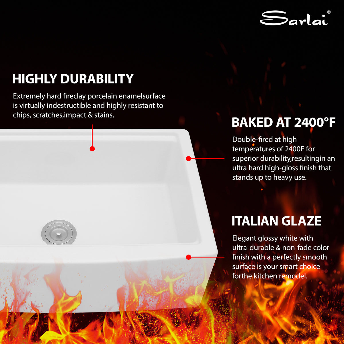 Sarlai 33''x20'' Inch White Curved Apron Fireclay Workstation Farmhouse Kitchen Sink Single Bowl