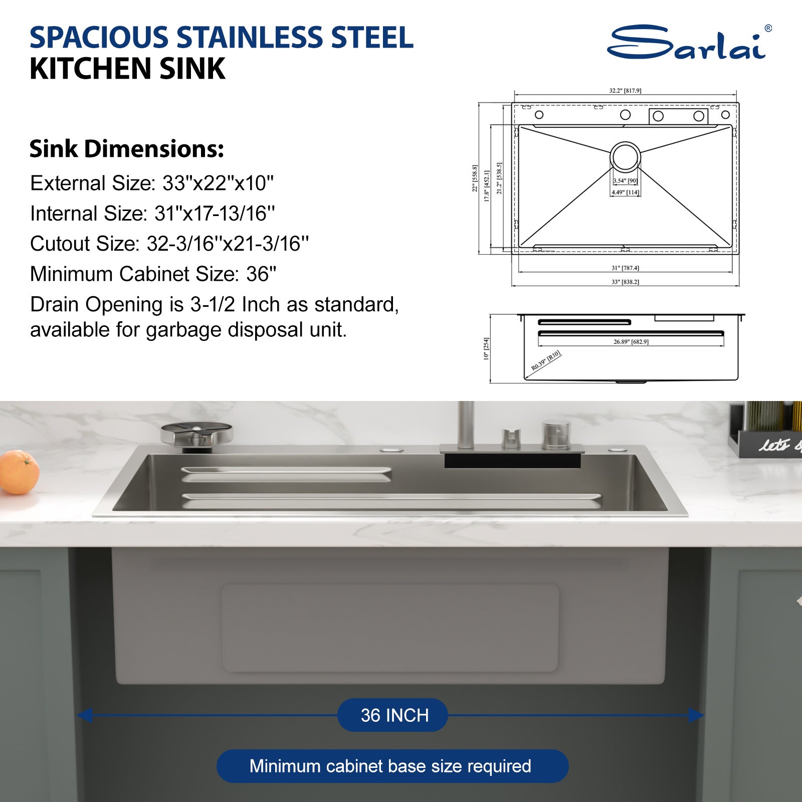 Sarlai 33'' x 22'' Stainless Steel Drop In Single Bowl Waterfall Workstation Kitchen Sink