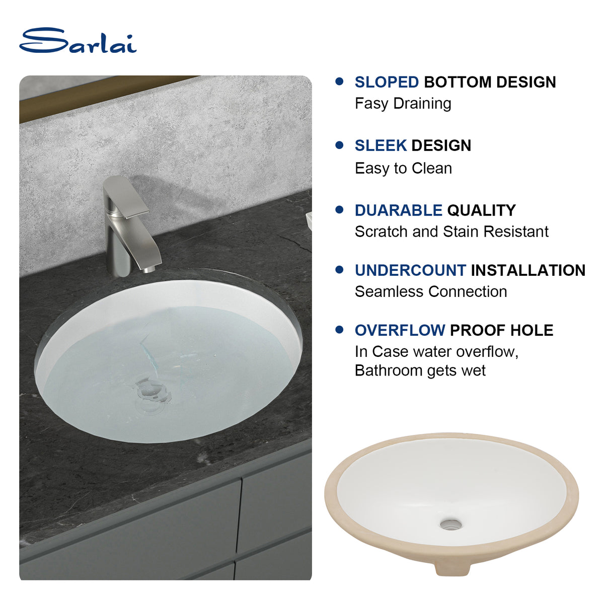Sarlai 18''Oval White Ceramic Undermount Bathroom Sink