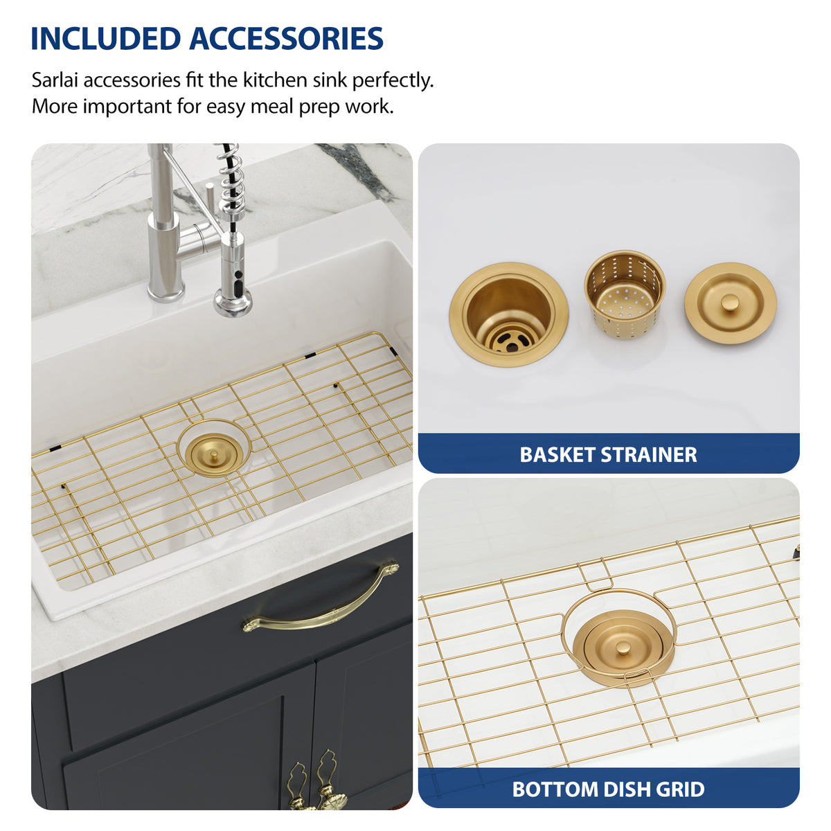 Sarlai 30''x22''White Ceramic Topmount Single Bowl Kitchen Sink With Gold Drain & Bottom Grid