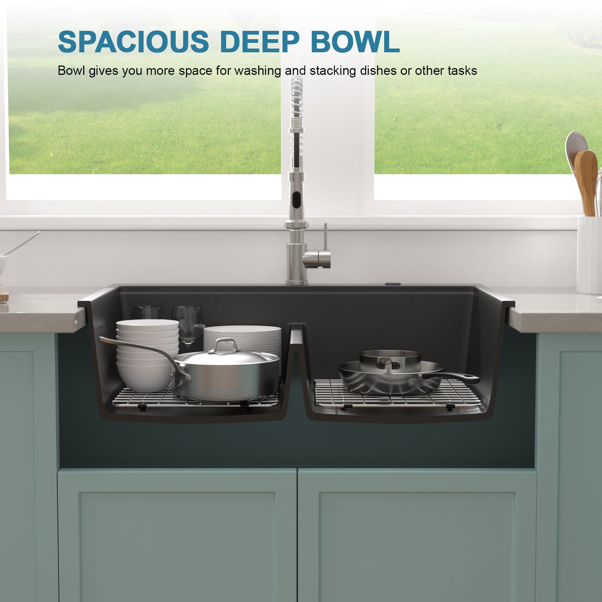 Sarlai 33" Drop-In Black Quartz Composite Workstation Kitchen Sink - 50/50 Double Bowl Low Divide Drop-In Topmount Granite Kitchen Sink with Cutting Board