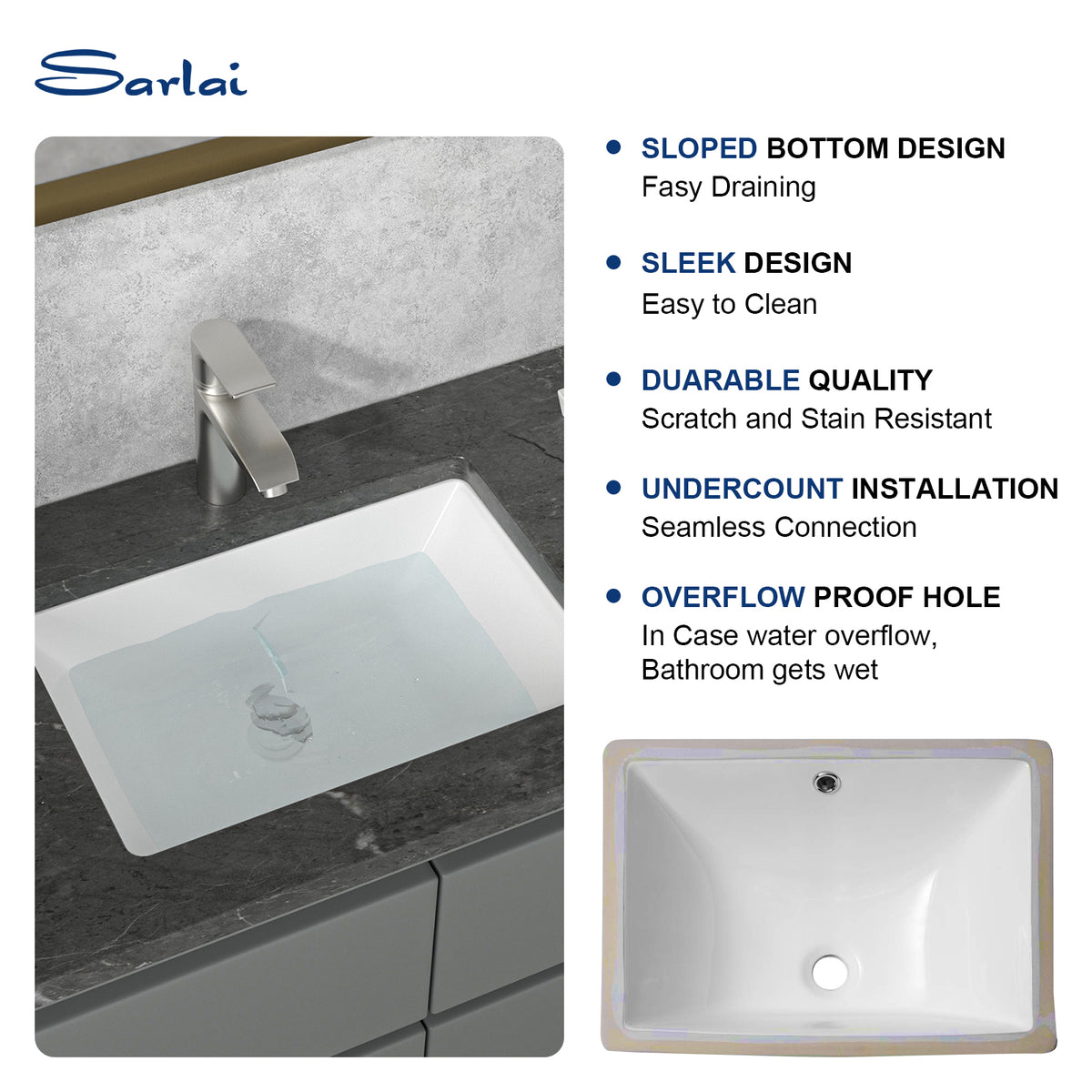 Sarlai 18.5''Rectangular White Ceramic Undermount Bathroom Sink