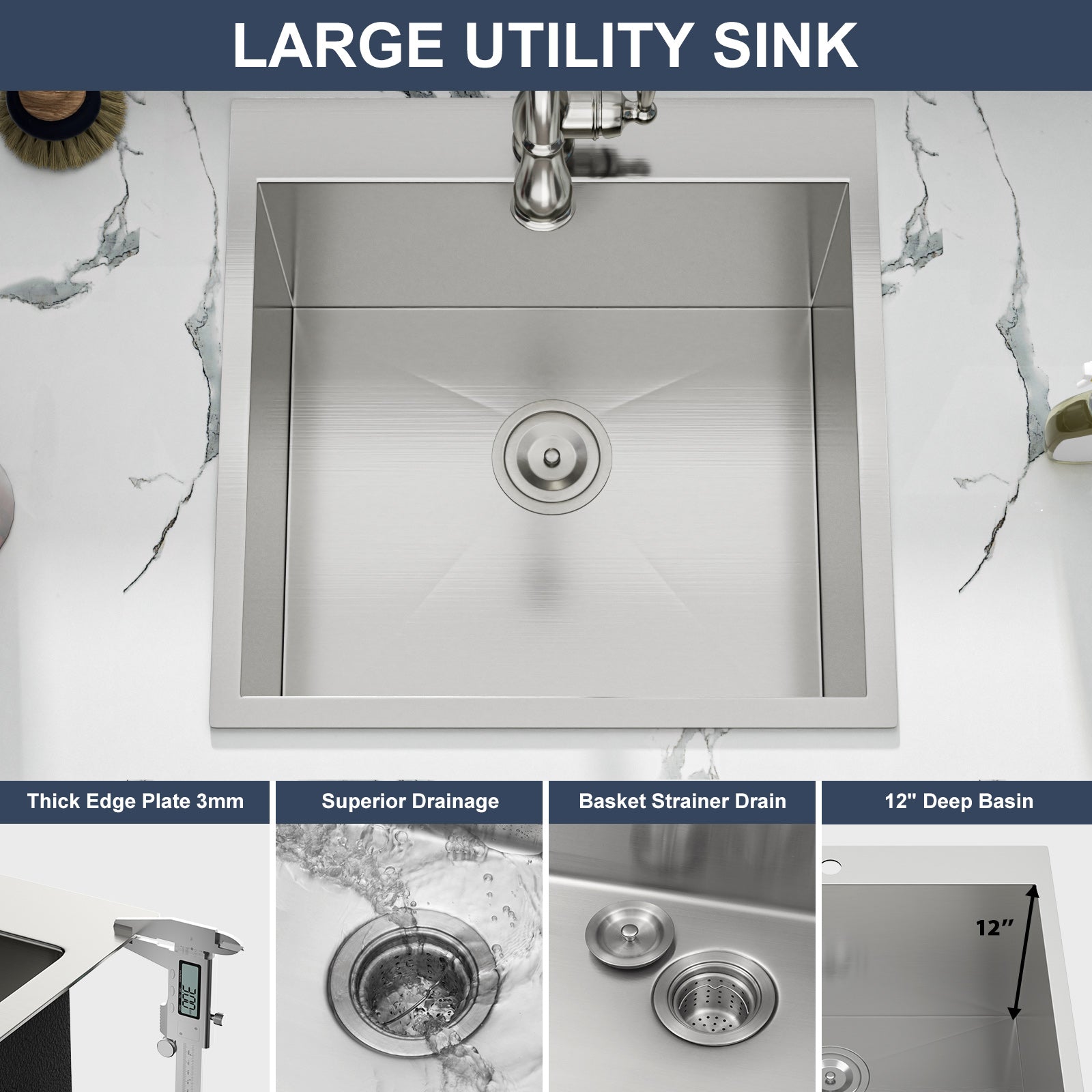 Sarlai 22'' Drop-In Laundry & Utility Kitchen Sink - 16 Gauge T304 Stainless Steel 22'' x 22'' x 12''