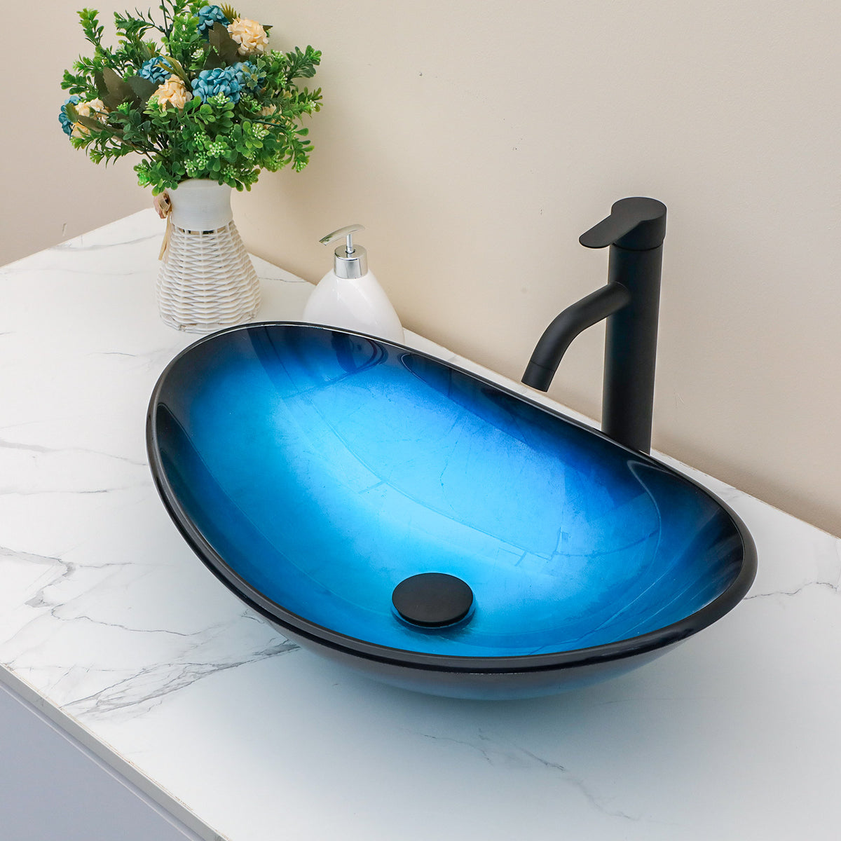 Sarlai 21''x13'' Curved Blue Tempered Glass Bathroom Vessel Sink with Black Pop Up Drain