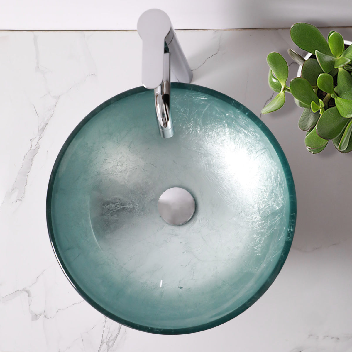 Sarlai 16 Inch Round Silver Foil Tempered Glass Vessel Sink Above Counter Bathroom Basin