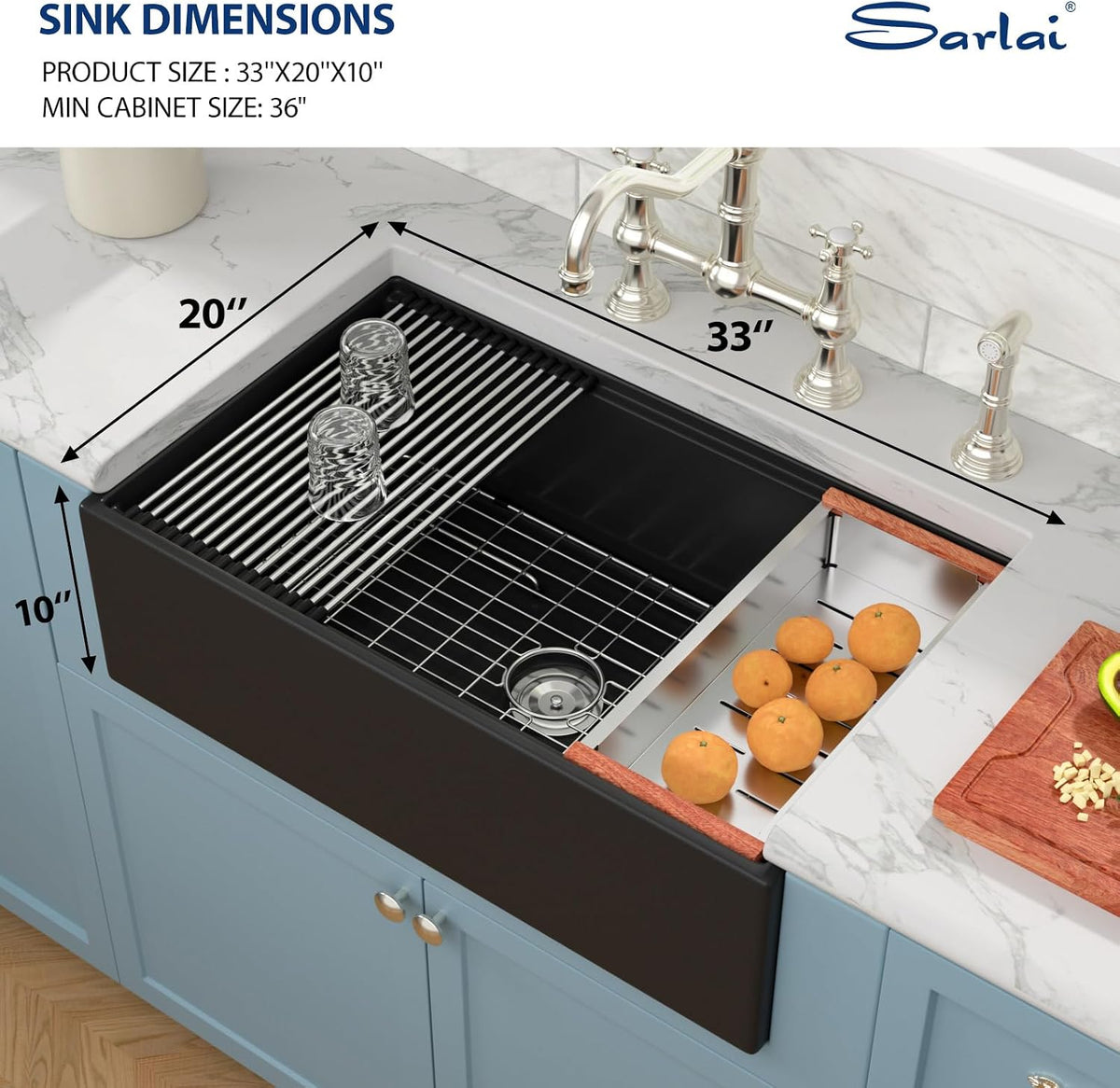 Sarlai 33''x20'' Black Reversible Apron Fireclay Workstation Farmhouse Sink