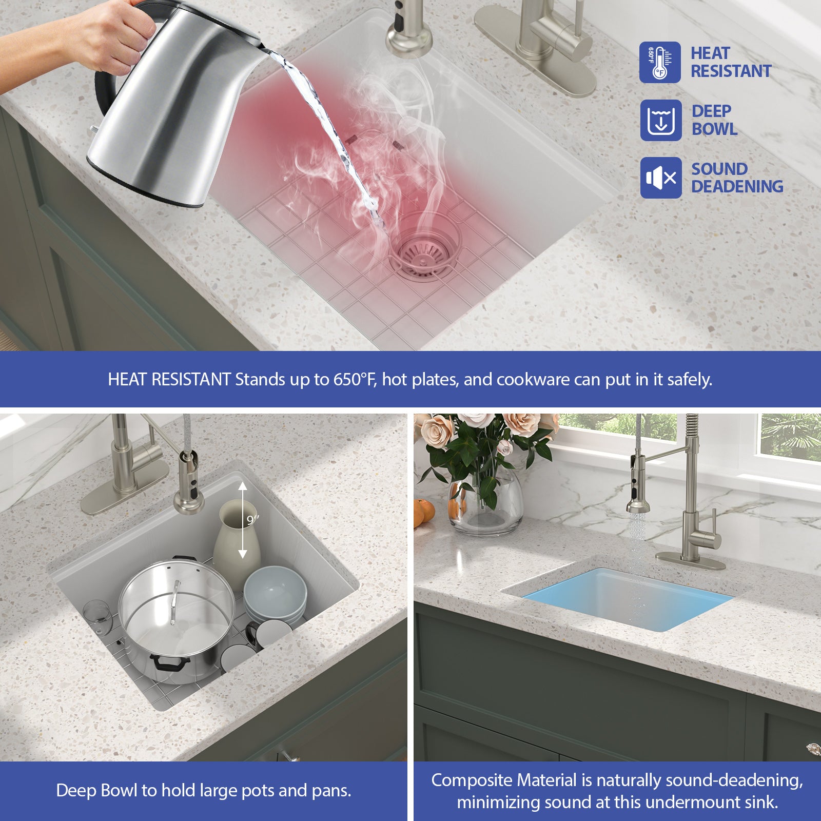 Sarlai 21'' White Quartz Composite Undermount Workstation Kitchen Sink Small Bar Prep