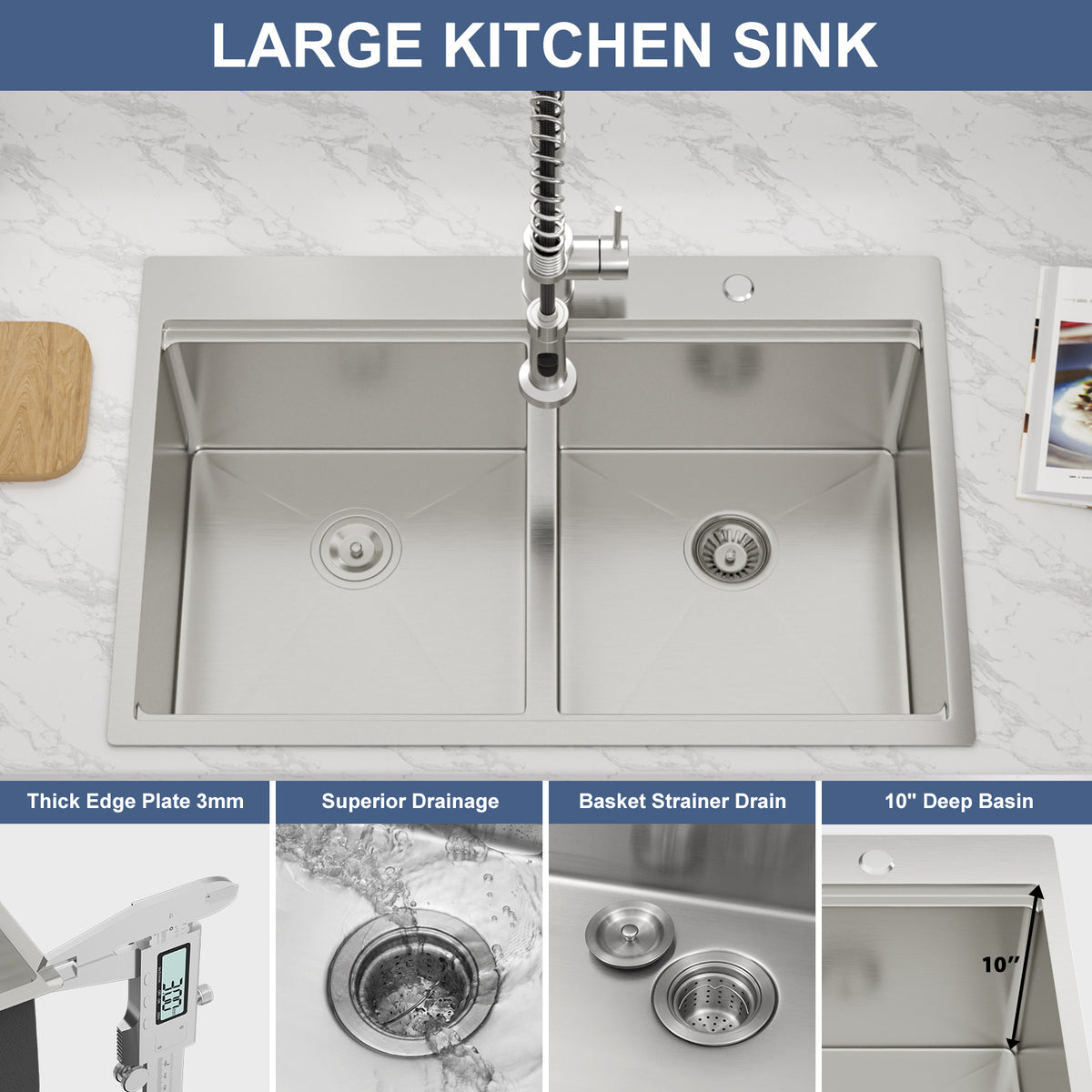 Sarlai 33in Drop In Double Bowl 50/50 Low Divide Stainless Steel Workstation Kitchen Sink