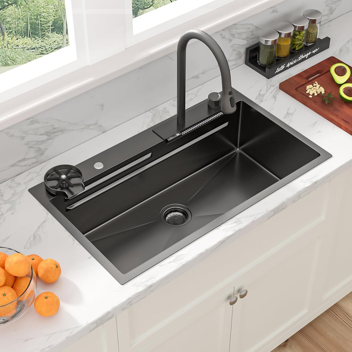 Sarlai 33 Inch Gunmetal Black Waterfall Workstation Drop In Kitchen Sink with Faucet & Glass Rinser