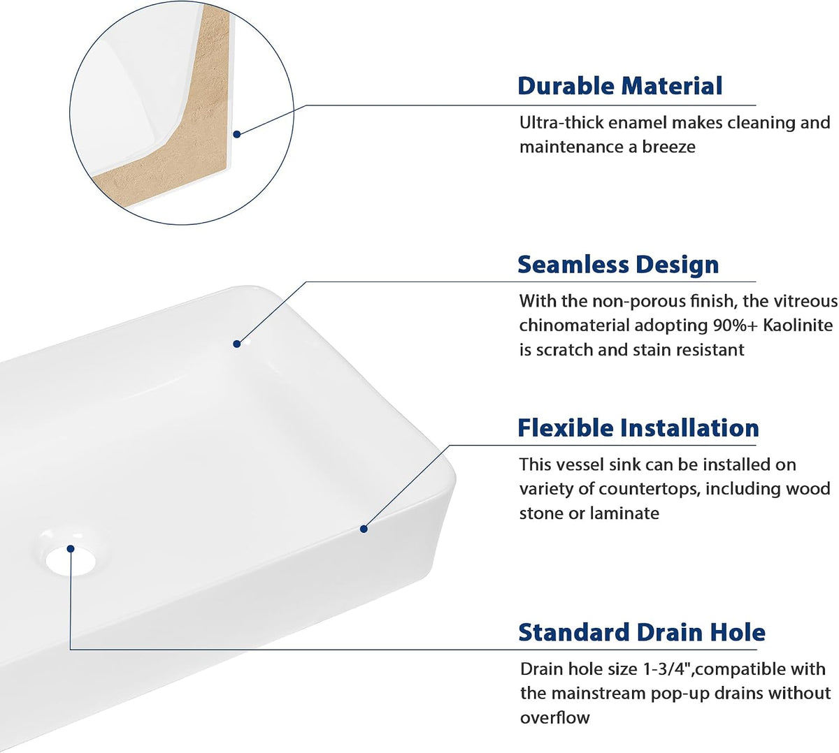 Sarlai 24''Rectangular White Ceramic Vessel Sink Above Counter Bathroom Sink