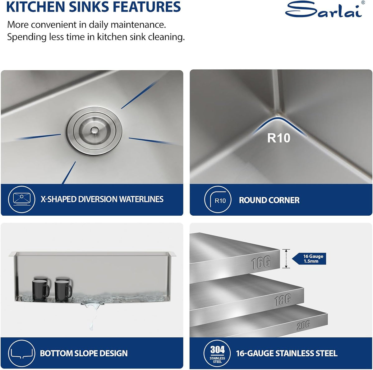 Sarlai 36 Inch Undermount Workstation Kitchen Sink 16 Gauge T304 Stainless Steel Single Bowl Sink