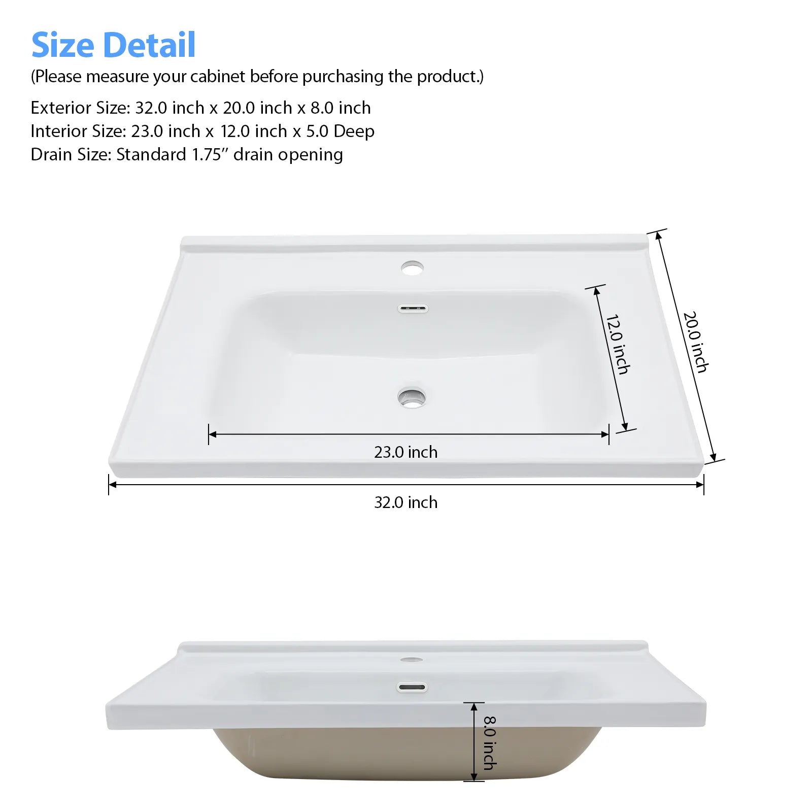 Sarlai 32'' x 20'' Drop-In Ceramic White Bathroom Sink Basin
