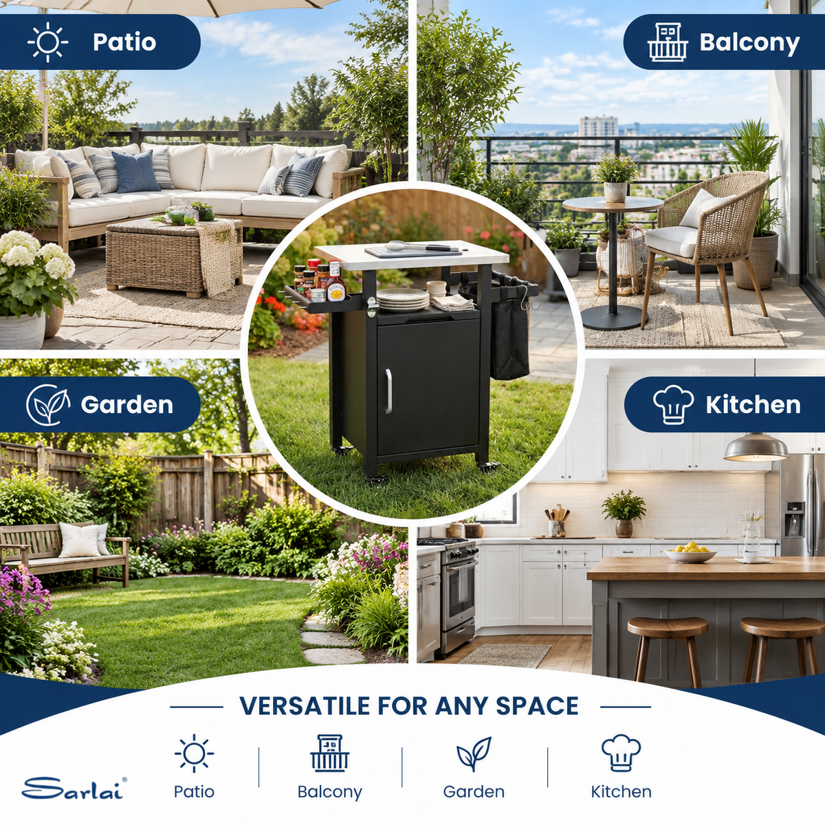 Sarlai Outdoor Prep Cart with Stainless Steel Top & Sliding Tray, Compact Single Door Grill Cart with Side Racks & Waterproof Cover