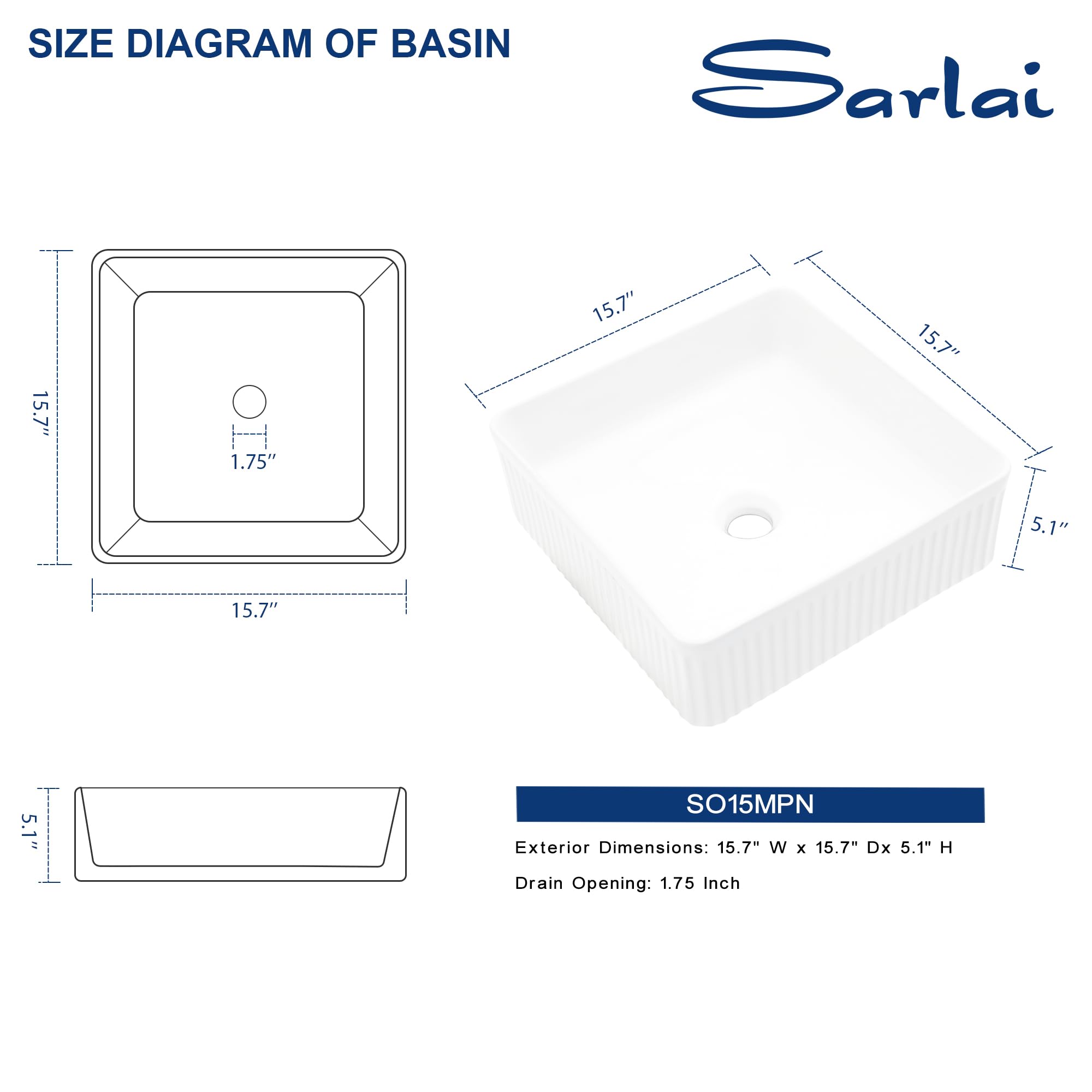 Sarlai 15'' Square Above Counter White Modern Porcelain Ceramic Bathroom Vessel Sink