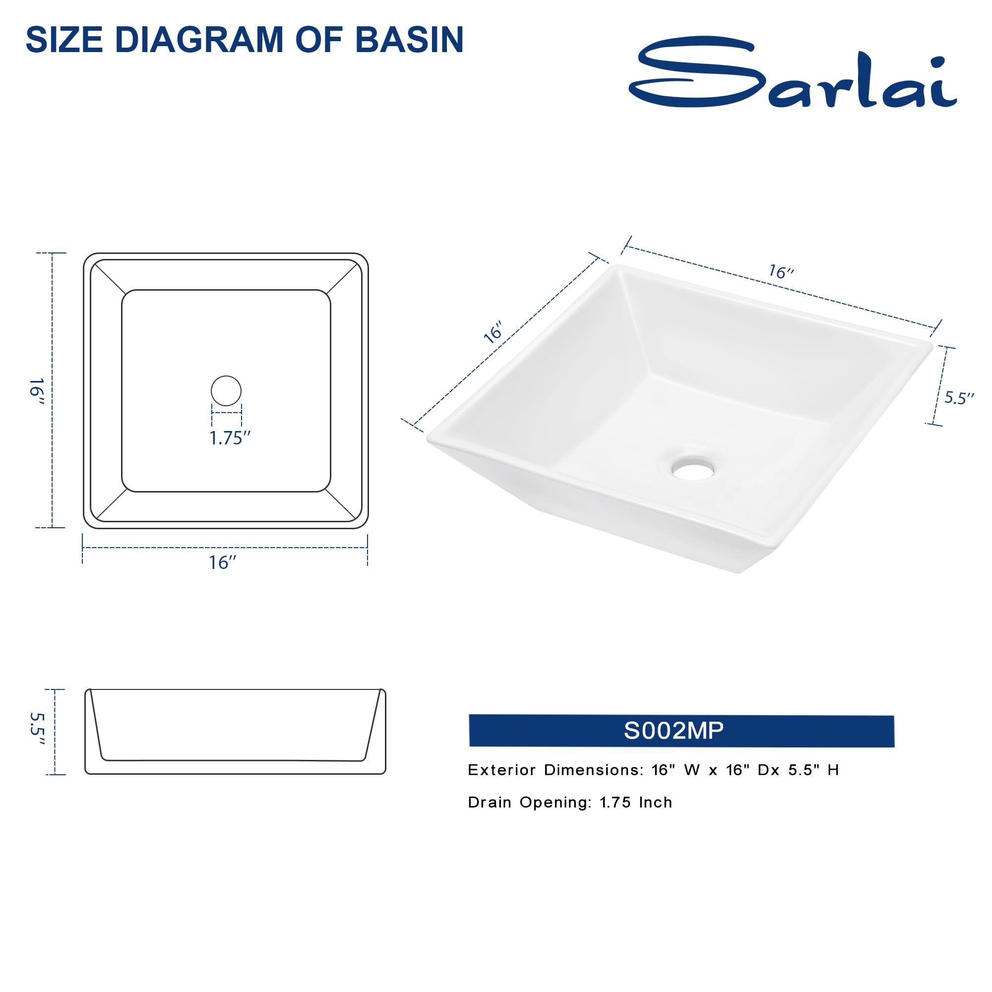 Sarlai 16'' x 16'' White Ceramic Modern Square Vessel Bathroom Sink