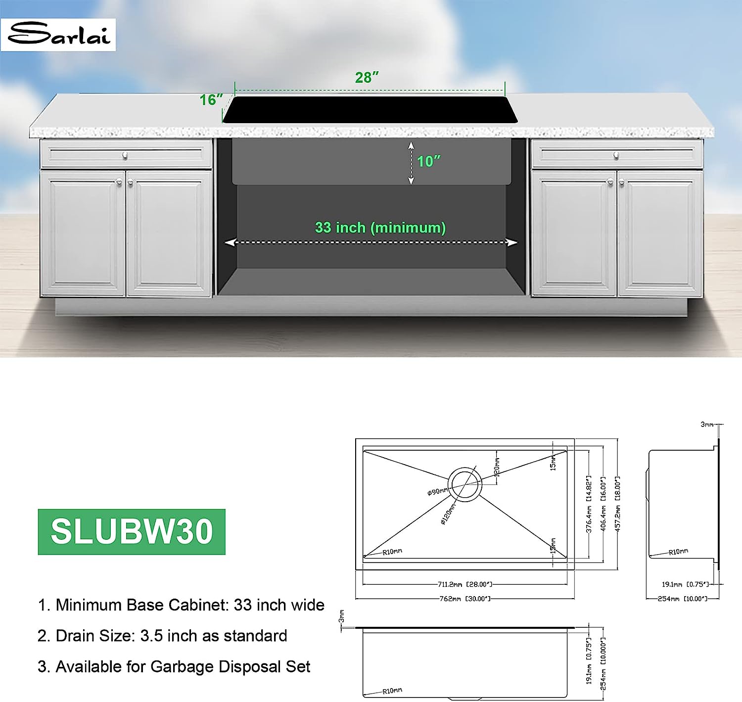 Sarlai 30'' Stainless Steel Black Single Bowl Workstation Kitchen Sink
