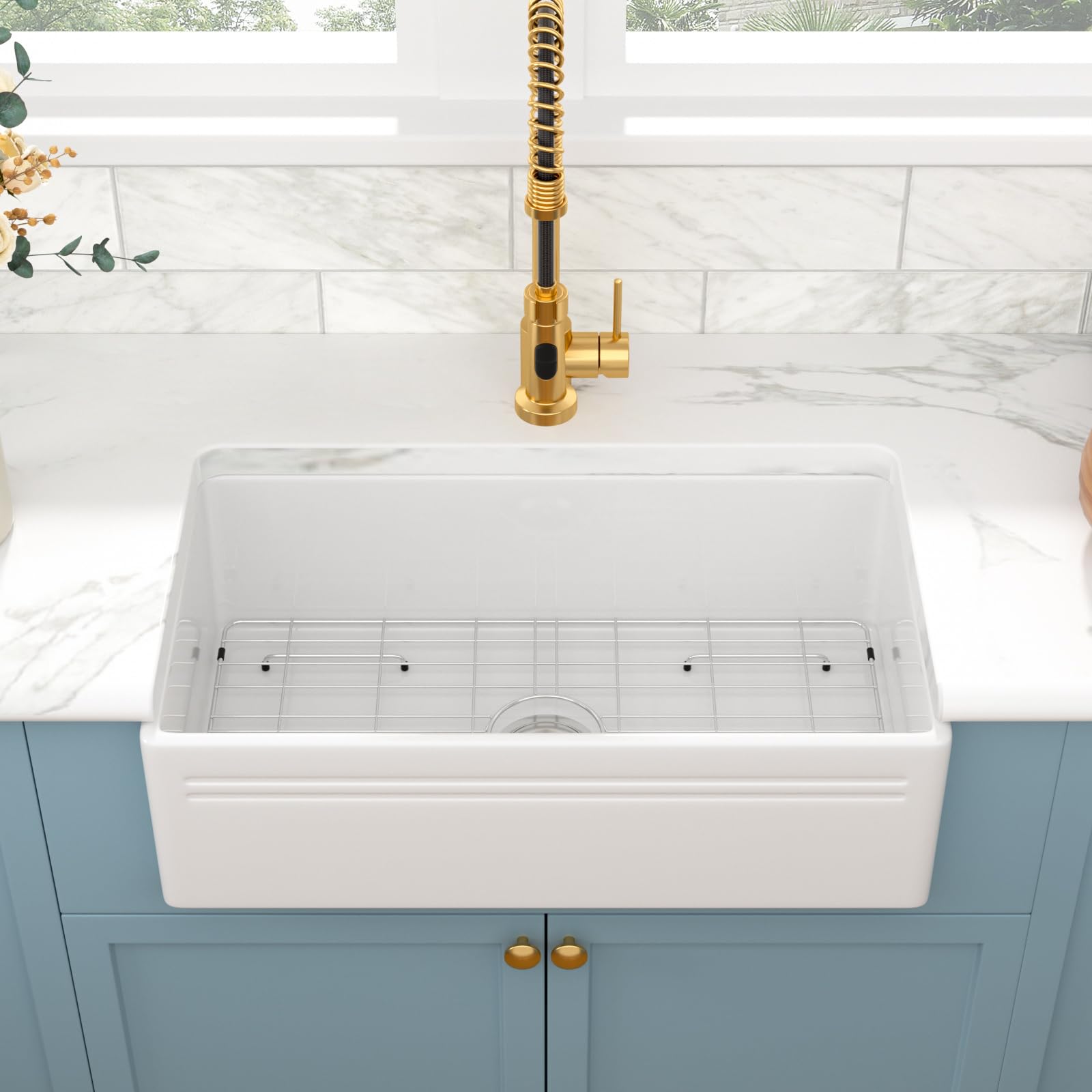 Sarlai 30'' x 18'' Ceramic White Apron Front Fireclay Farmhouse Sink