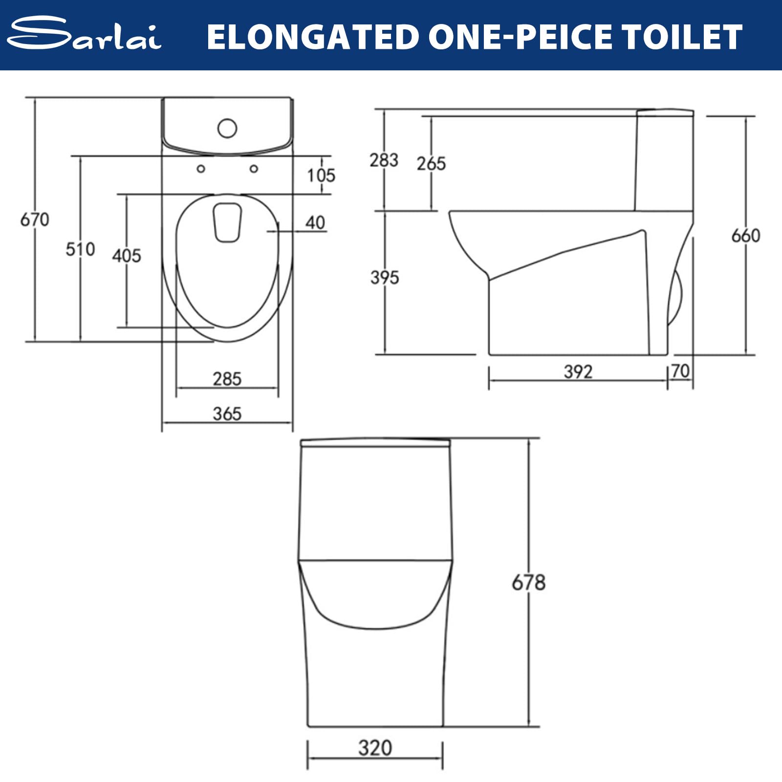 Sarlai One Piece Elongated Comfort Height Bathroom Toilet, Dual Flush 1.1/1.6 GPF White Ceramic with Soft-Close Seat, 12'' Rough-In